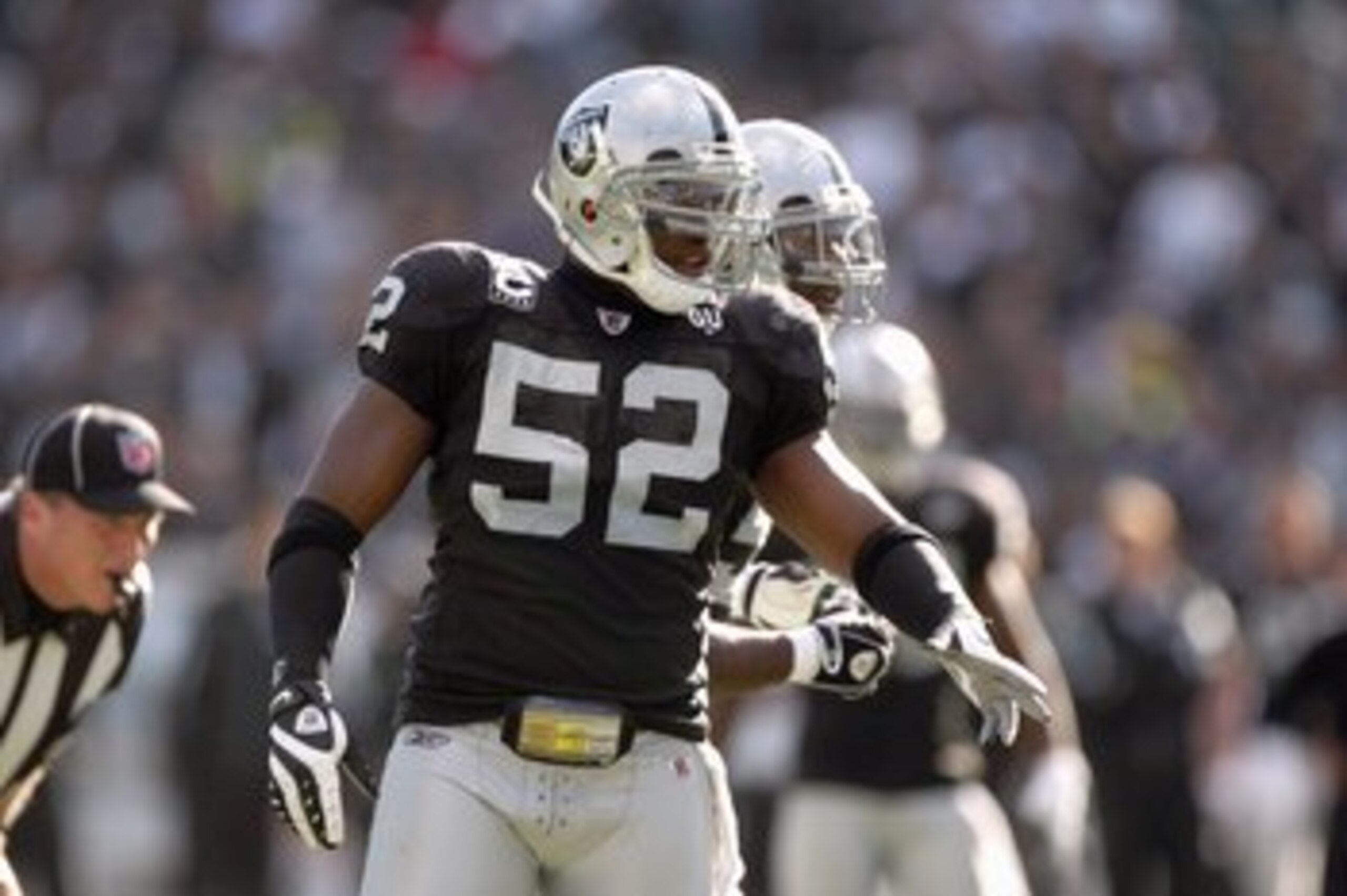 OAKLAND, CA - NOVEMBER 9: Kirk Morrison #52 of the Oakland Raiders looks down the field during the game against the Carolina Panthers at the Oakland-Alameda County Coliseum on November 9, 2008 in Oakland, California. (Photo by Jed Jacobsohn/Getty Images) OAKLAND, CA - NOVEMBER 9: Kirk Morrison #52 of the Oakland Raiders looks down the field during the game against the Carolina Panthers at the Oakland-Alameda County Coliseum on November 9, 2008 in Oakland, California. (Photo by Jed Jacobsohn/Getty Images)