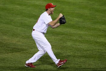 PHILADELPHIA - OCTOBER 21:  Brad Lidge #54 of the Philadelphia Phillies celebrates defeating the Los Angeles Dodgers 10-4 to advance to the World Series in Game Five of the NLCS during the 2009 MLB Playoffs at Citizens Bank Park on October 21, 2009 in Phi