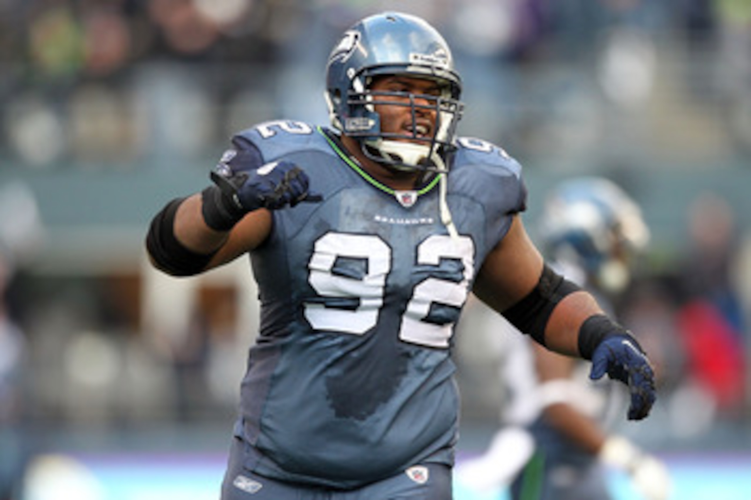 SEATTLE, WA - JANUARY 08: Defensive tackle Brandon Mebane #92 of the Seattle Seahawks reacts in the second quarter against the New Orleans Saints during the 2011 NFC wild-card playoff game at Qwest Field on January 8, 2011 in Seattle, Washington. (Photo SEATTLE, WA - JANUARY 08: Defensive tackle Brandon Mebane #92 of the Seattle Seahawks reacts in the second quarter against the New Orleans Saints during the 2011 NFC wild-card playoff game at Qwest Field on January 8, 2011 in Seattle, Washington. (Photo