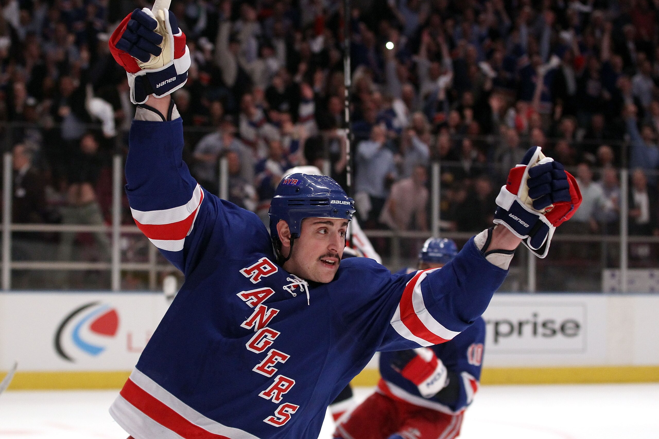 NEW YORK, NY - APRIL 20:  Brandon Dubinsky #17 of the New York Rangers celebrates after he scored a goal in the second period against the Washington Capitals in Game Four of the Eastern Conference Quarterfinals during the 2011 NHL Stanley Cup Playoffs at