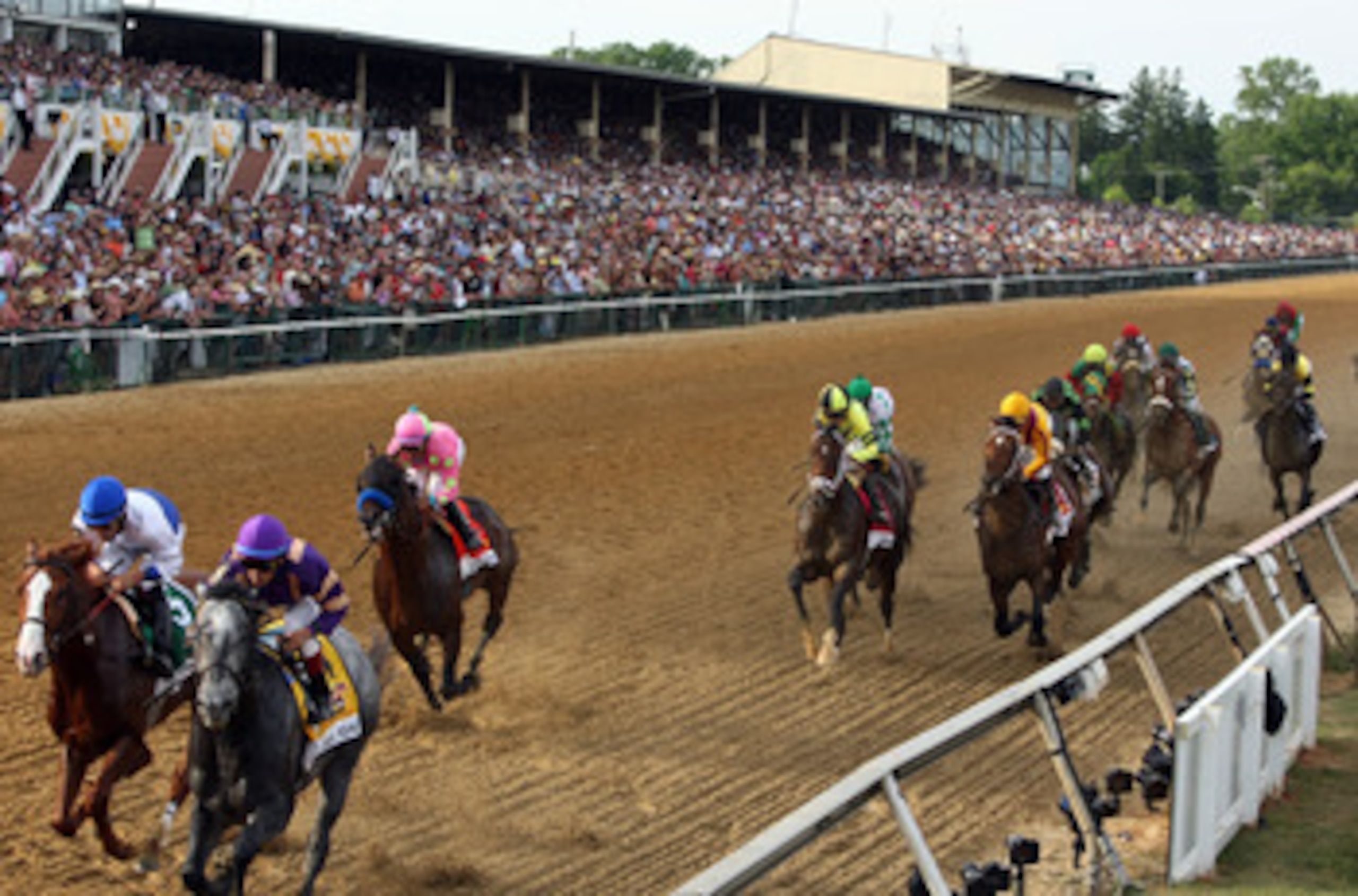 BALTIMORE, MD - MAY 21:  The field heads into the first turn during the 136th running of the Preakness Stakes at Pimlico Race Course on May 21, 2011 in Baltimore, Maryland.  (Photo by Rob Carr/Getty Images)