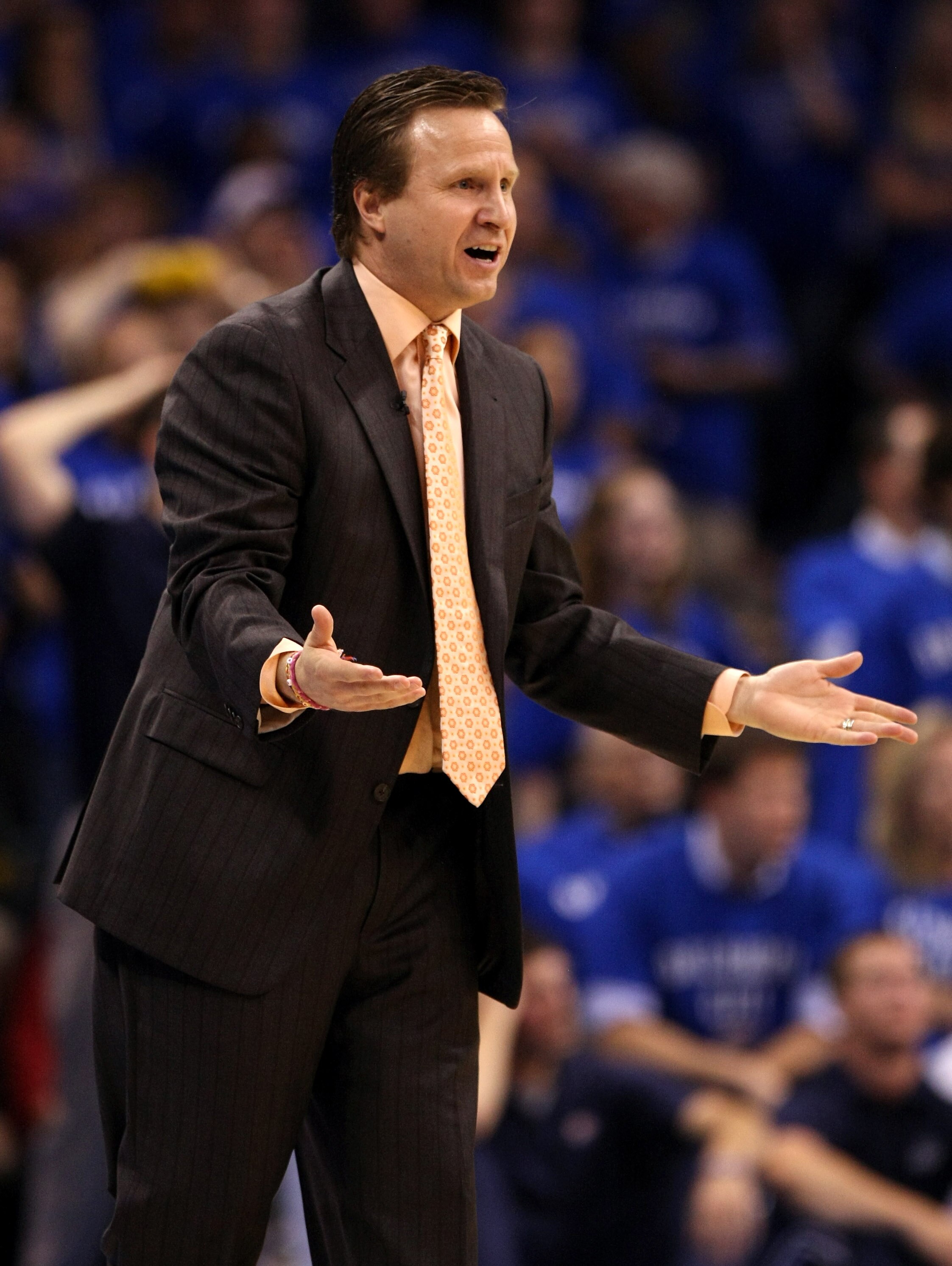 OKLAHOMA CITY, OK - MAY 23:  Head coach Scott Brooks of the Oklahoma City Thunder reacts while taking on the Dallas Mavericks in Game Four of the Western Conference Finals during the 2011 NBA Playoffs at Oklahoma City Arena on May 23, 2011 in Oklahoma Cit