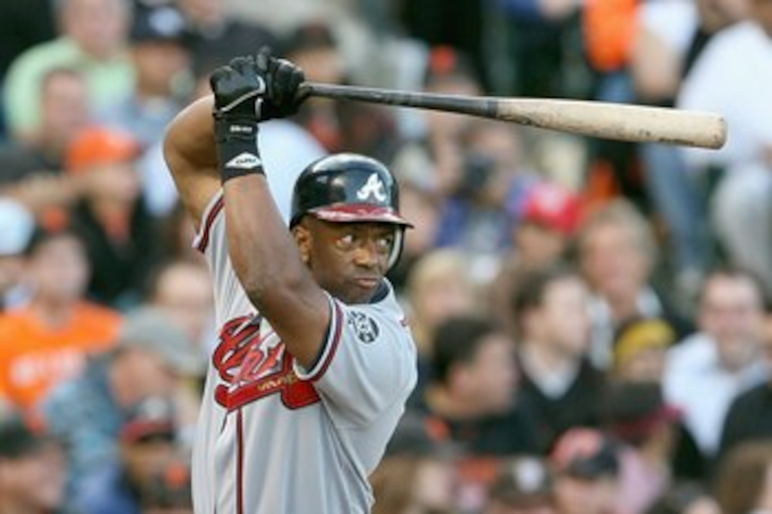 SAN FRANCISCO - JULY 23: Julio Franco #14 of the Atlanta Braves stands ready at bat against the San Francisco Giants on July 23, 2007 at AT&T Park in San Francisco, California. (Photo by Jed Jacobsohn/Getty Images)