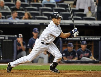 NEW YORK, NY - JUNE 10: Derek Jeter #2 of the New York Yankees watches his double in the bottom of the seventh inning against the Cleveland Indians on June 10, 2011 at Yankee Stadium in the Bronx borough of New York City. (Photo by Christopher Pasatieri/G