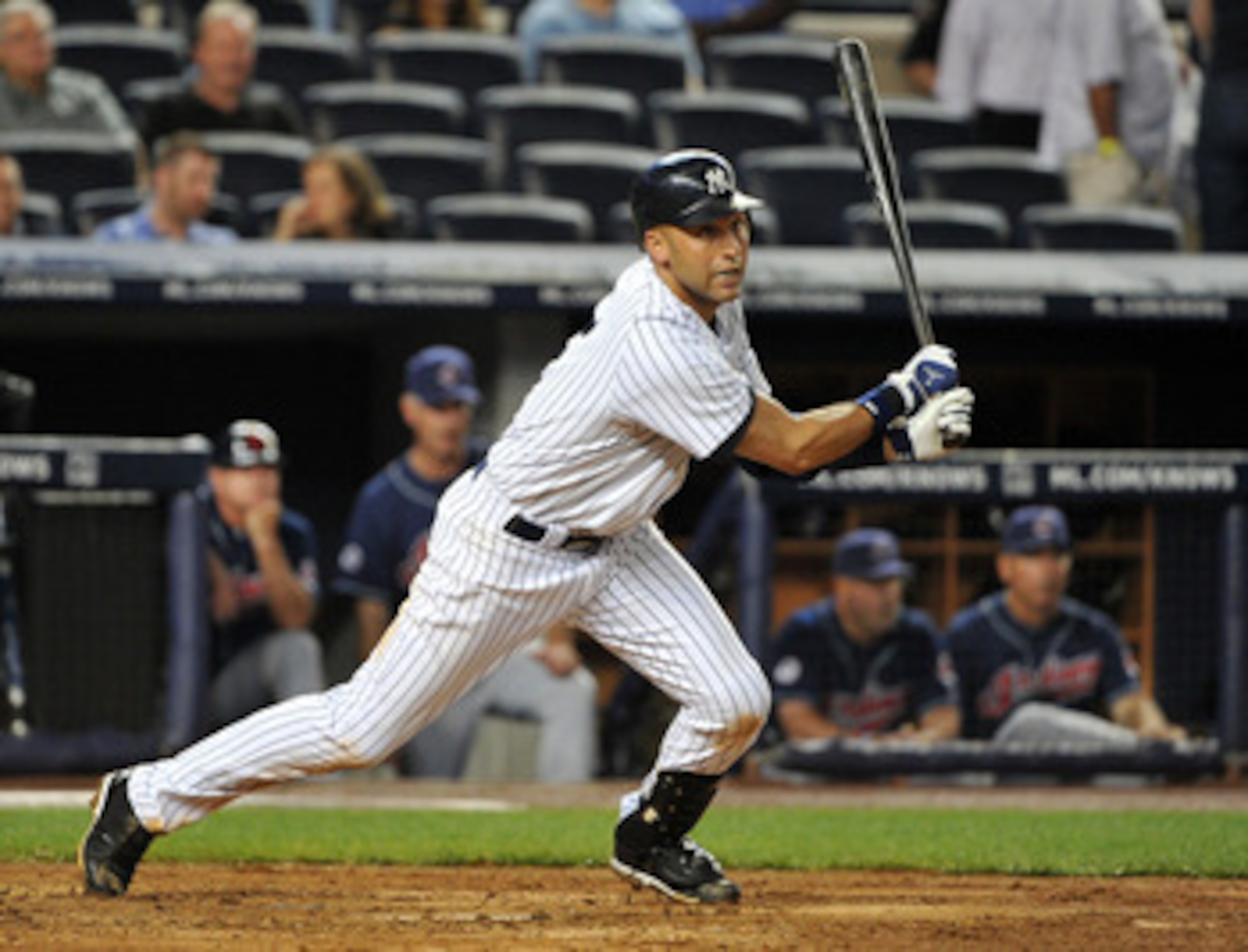 NEW YORK, NY - JUNE 10: Derek Jeter #2 of the New York Yankees watches his double in the bottom of the seventh inning against the Cleveland Indians on June 10, 2011 at Yankee Stadium in the Bronx borough of New York City. (Photo by Christopher Pasatieri/G