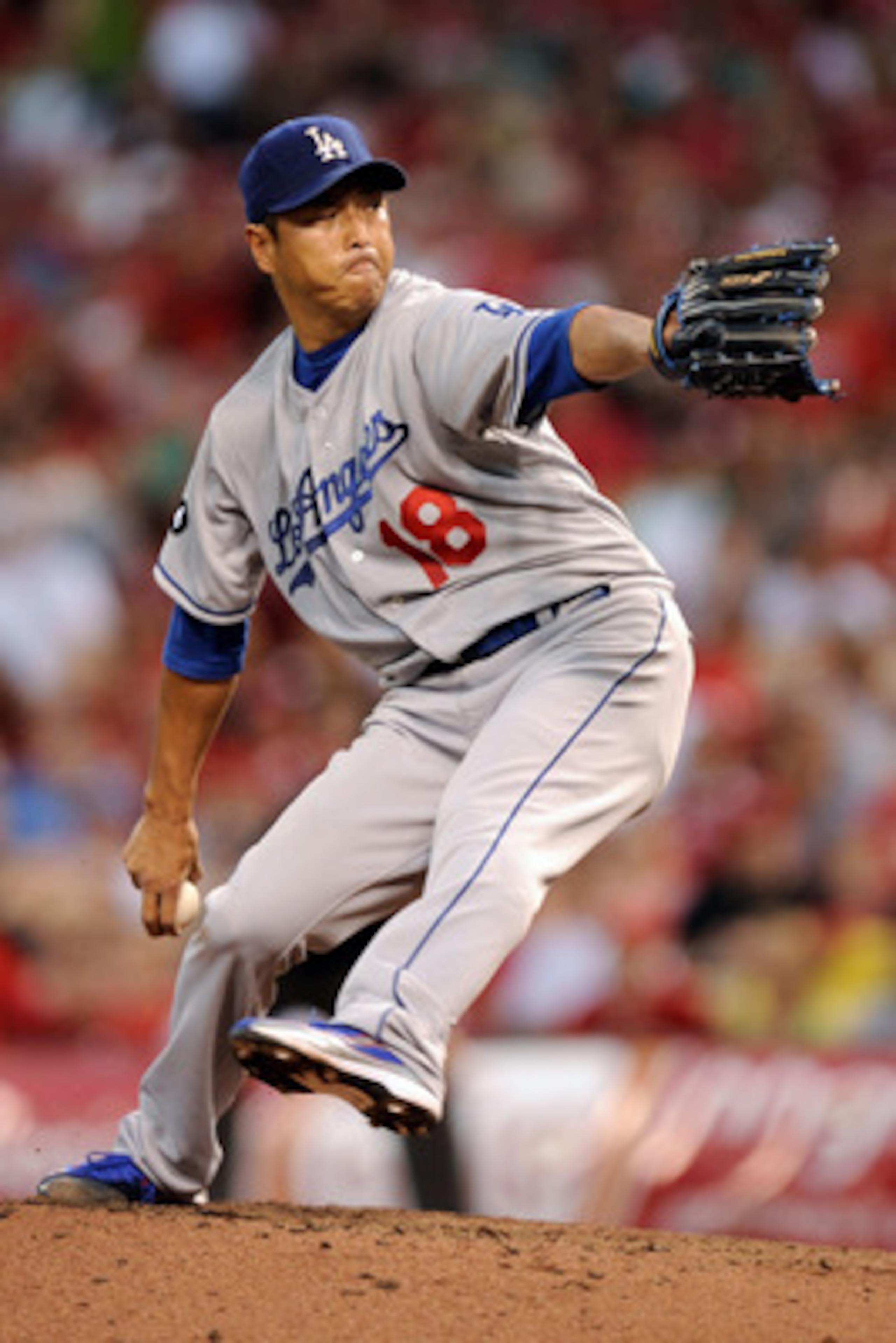 CINCINNATI, OH - JUNE 3:  Hiroki Kuroda #18 of the Los Angeles Dodgers pitches against the Cincinnati Reds at Great American Ball Park on June 3, 2011 in Cincinnati, Ohio. Kuroda was credited with the loss as the Reds defeated the Dodgers 2-1.  (Photo by 
