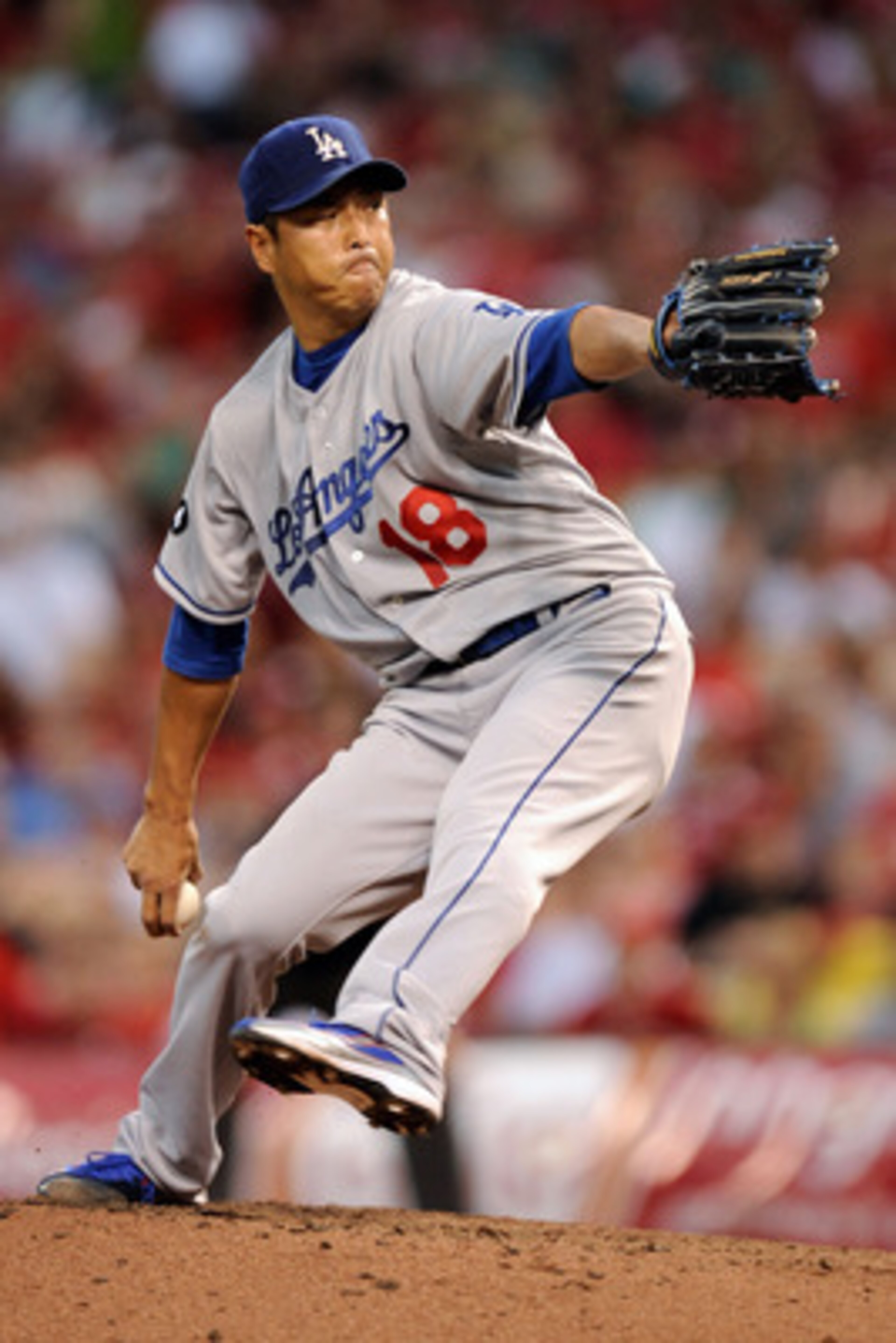 CINCINNATI, OH - JUNE 3: Hiroki Kuroda #18 of the Los Angeles Dodgers pitches against the Cincinnati Reds at Great American Ball Park on June 3, 2011 in Cincinnati, Ohio. Kuroda was credited with the loss as the Reds defeated the Dodgers 2-1. (Photo by CINCINNATI, OH - JUNE 3: Hiroki Kuroda #18 of the Los Angeles Dodgers pitches against the Cincinnati Reds at Great American Ball Park on June 3, 2011 in Cincinnati, Ohio. Kuroda was credited with the loss as the Reds defeated the Dodgers 2-1. (Photo by