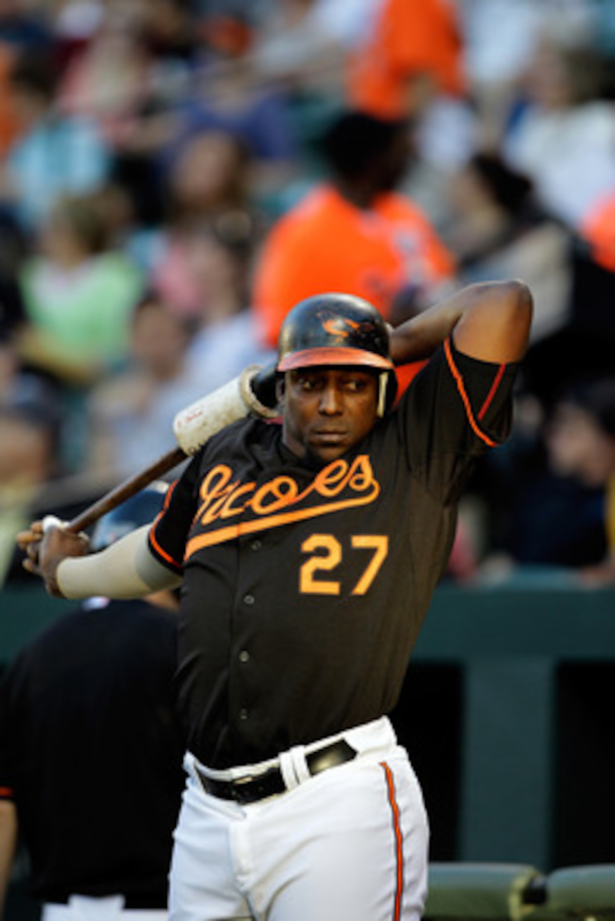 BALTIMORE, MD - JUNE 03:  Vladimir Guerrero #27 of the Baltimore Orioles waits to hit against the Toronto Blue Jays at Oriole Park at Camden Yards on June 3, 2011 in Baltimore, Maryland.  The Blue Jays won 8-4. (Photo by Rob Carr/Getty Images)