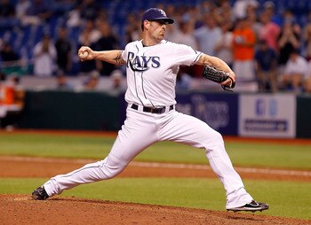 ST. PETERSBURG, FL - MAY 31:  Relief pitcher Kyle Farnsworth #43 of the Tampa Bay Rays gets the final three outs for the save against the Texas Rangers during the game at Tropicana Field on May 31, 2011 in St. Petersburg, Florida.  (Photo by J. Meric/Gett