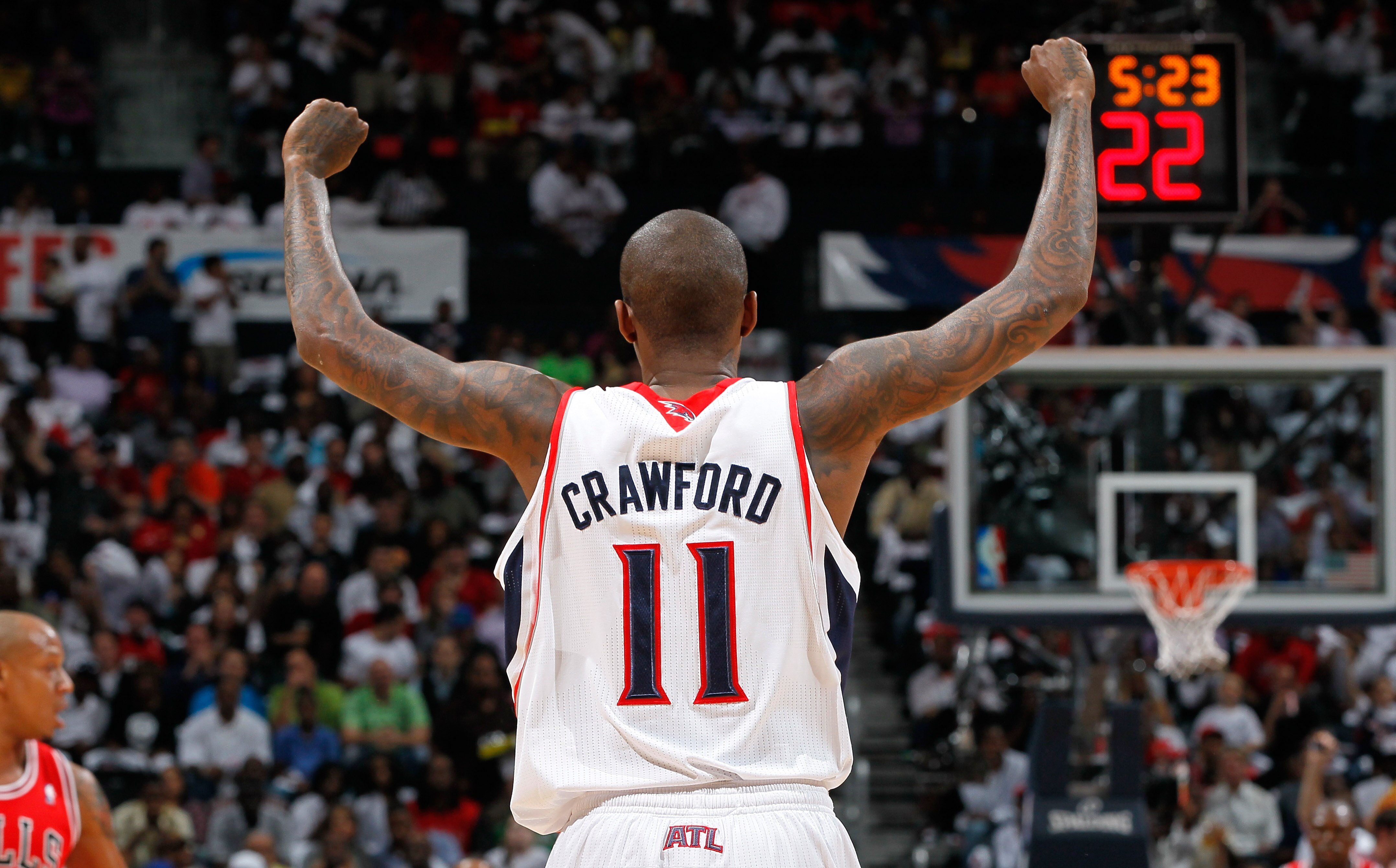 ATLANTA, GA - MAY 06:  Jamal Crawford #11 of the Atlanta Hawks against the Chicago Bulls in Game Three of the Eastern Conference Semifinals in the 2011 NBA Playoffs at Phillips Arena on May 6, 2011 in Atlanta, Georgia.  NOTE TO USER: User expressly acknow