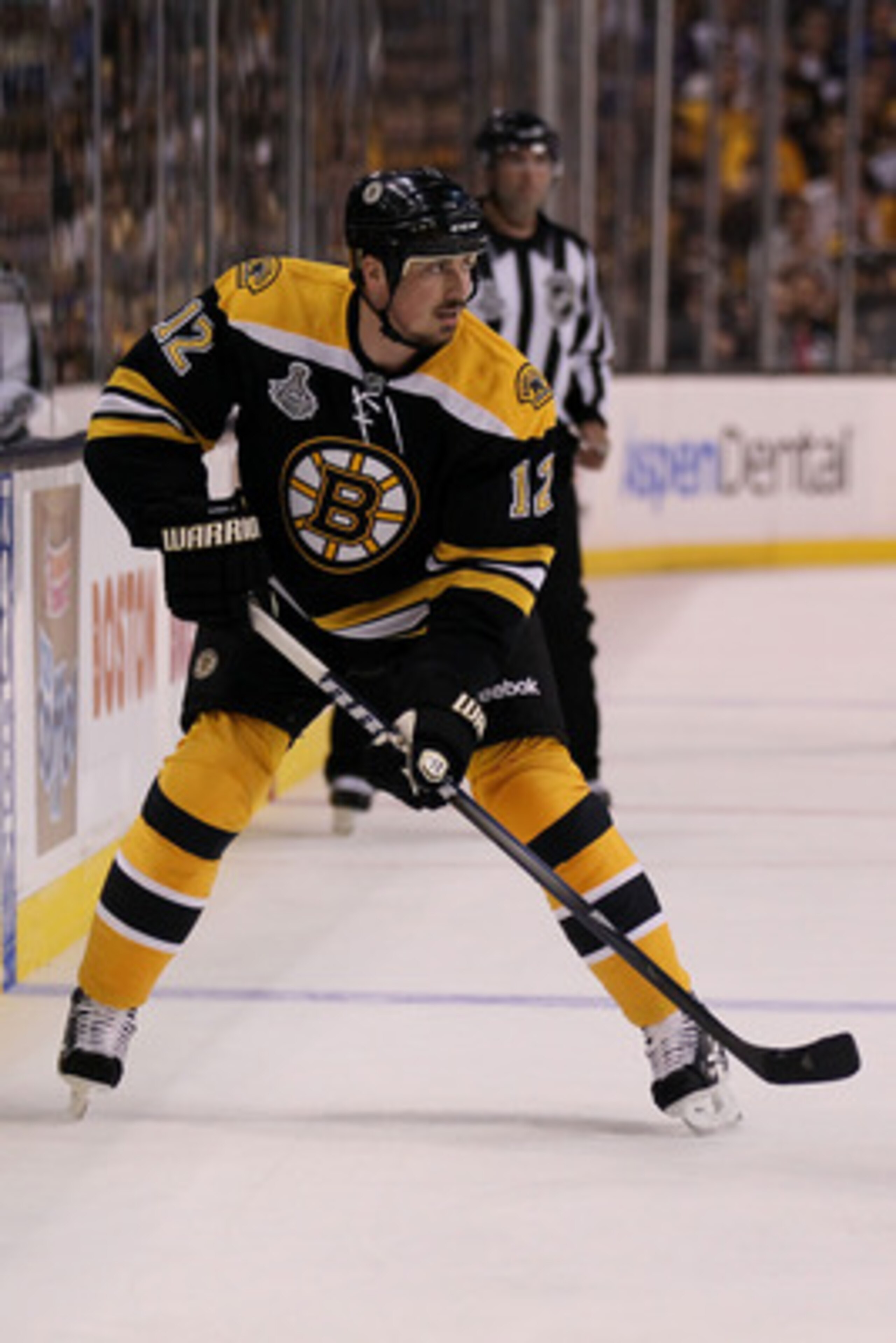 BOSTON, MA - JUNE 06:  Tomas Kaberle #12 of the Boston Bruins skates against of the Vancouver Canucks during Game Three of the 2011 NHL Stanley Cup Final at TD Garden on June 6, 2011 in Boston, Massachusetts.  (Photo by Elsa/Getty Images)