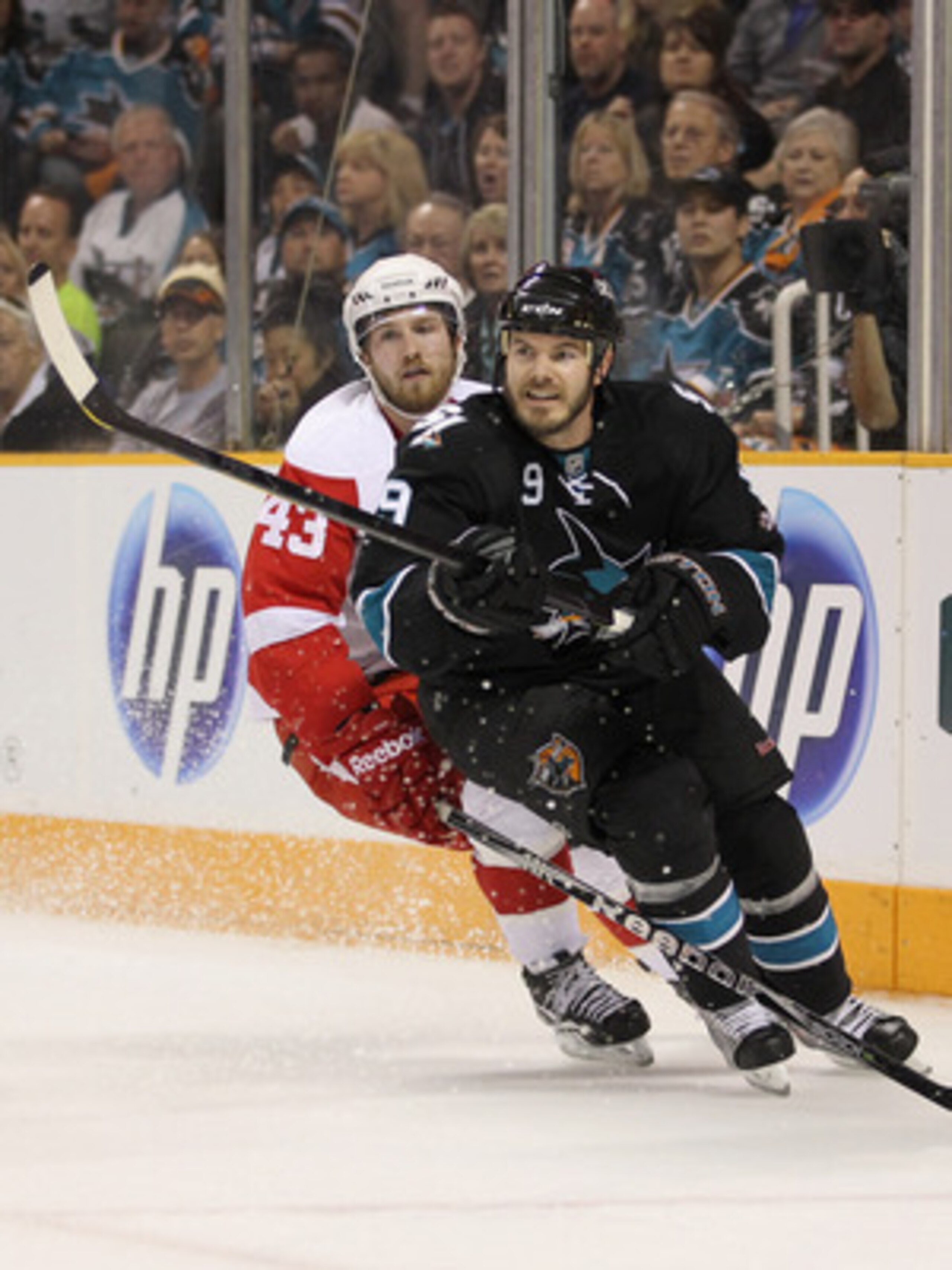 SAN JOSE, CA - MAY 12:  Ian White #9 of the San Jose Sharks in action against the Detroit Red Wings in Game Seven of the Western Conference Semifinals during the 2011 NHL Stanley Cup Playoffs at HP Pavilion on May 12, 2011 in San Jose, California.  (Photo