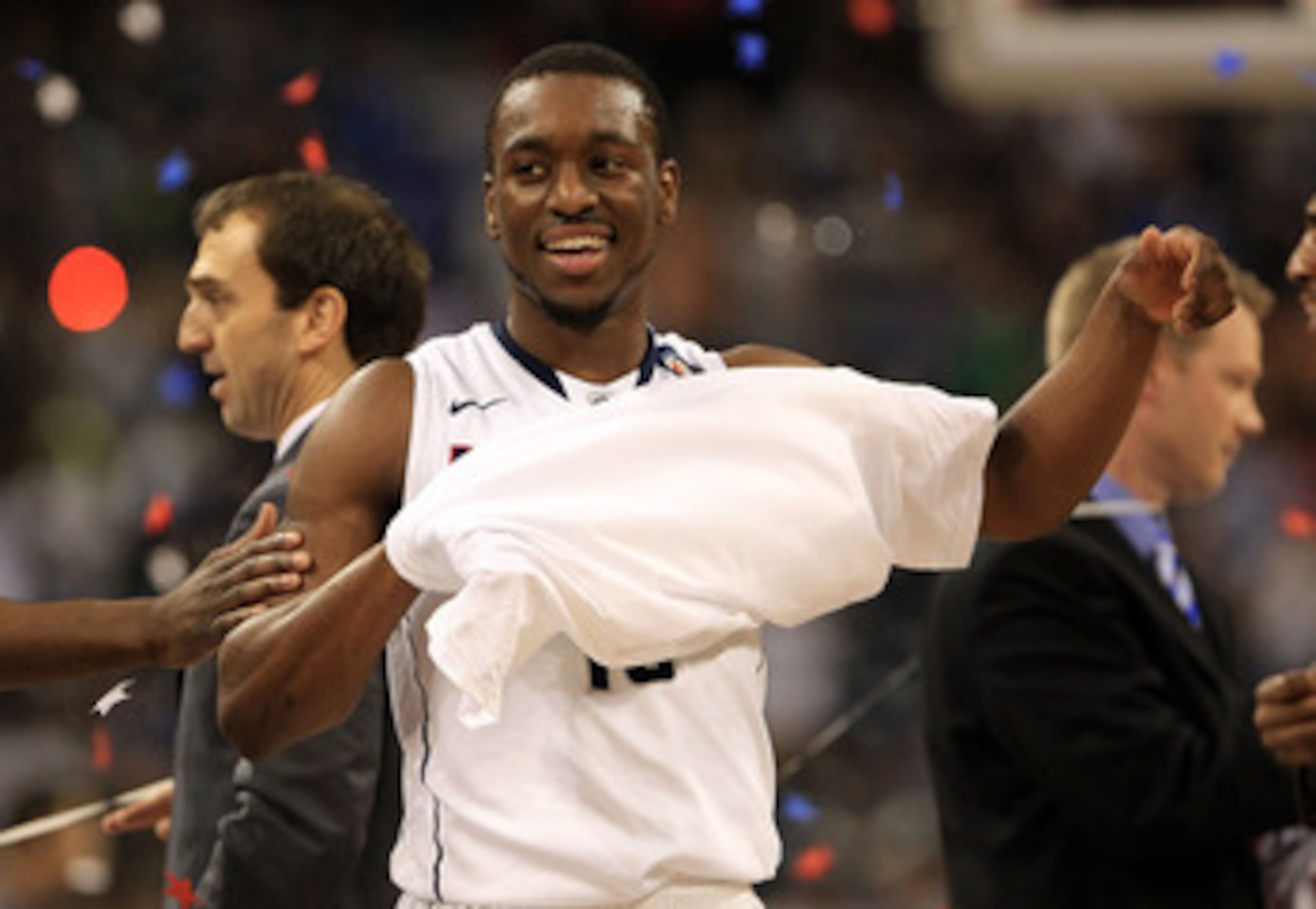 HOUSTON, TX - APRIL 04:  Kemba Walker #15 of the Connecticut Huskies react after defeating the Butler Bulldogs to win the National Championship Game of the 2011 NCAA Division I Men's Basketball Tournament by a score of 53-41 at Reliant Stadium on April 4,