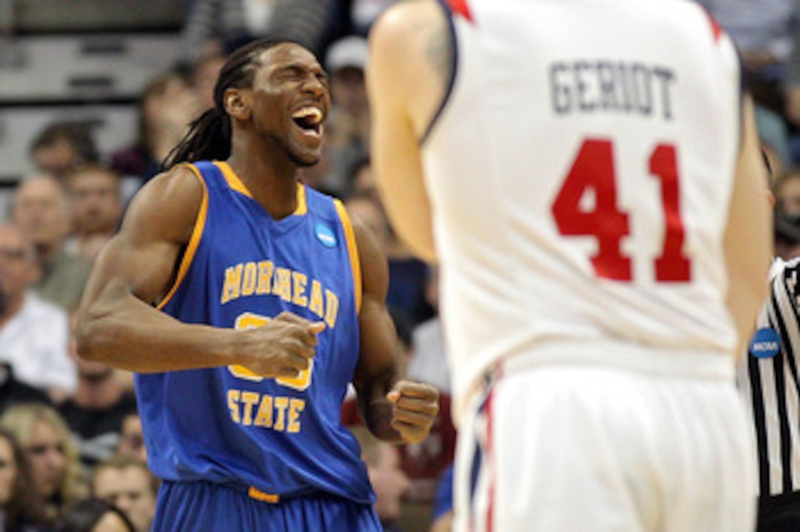 DENVER, CO - MARCH 19:  Kenneth Faried #35 of the Morehead State Eagles dunks reacts after a play against the Richmond Spiders during the third round of the 2011 NCAA men's basketball tournament at Pepsi Center on March 19, 2011 in Denver, Colorado.  (Pho