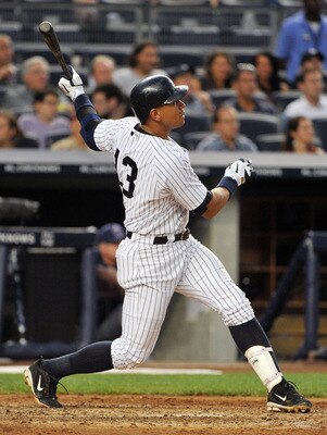 NEW YORK, NY - JUNE 10: Alex Rodriguez #13 of the New York Yankees  watches his solo home run in the bottom of the fourth inning against the Cleveland Indians on June 10, 2011 at Yankee Stadium in the Bronx borough of New York City. (Photo by Christopher 