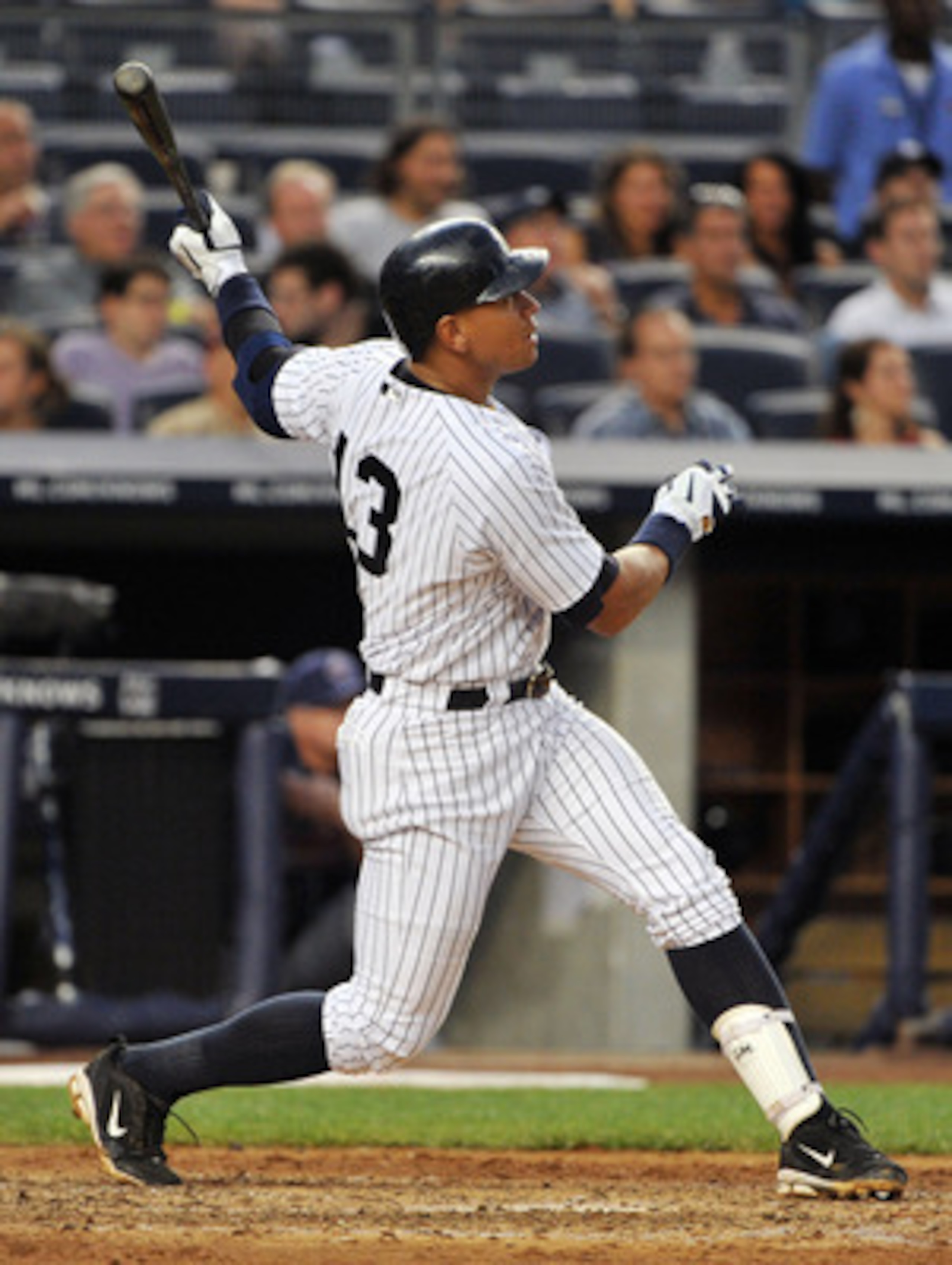 NEW YORK, NY - JUNE 10: Alex Rodriguez #13 of the New York Yankees  watches his solo home run in the bottom of the fourth inning against the Cleveland Indians on June 10, 2011 at Yankee Stadium in the Bronx borough of New York City. (Photo by Christopher 