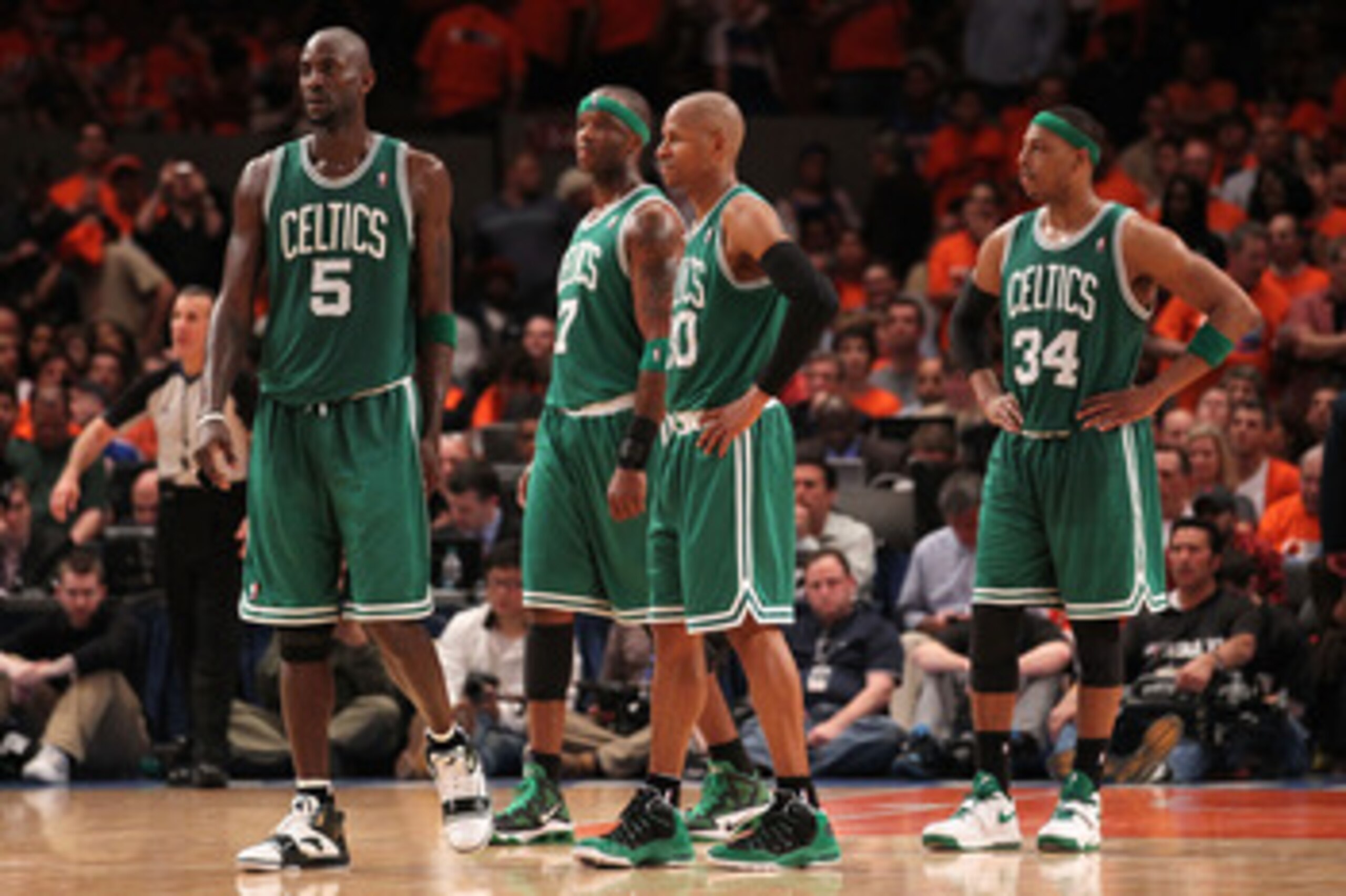 NEW YORK, NY - APRIL 24: (L-R) Kevin Garnett #5, Jermaine O'Neal #7, Ray Allen #20 and Paul Pierce #34 of the Boston Celtics look on against the New York Knicks in Game Four of the Eastern Conference Quarterfinals during the 2011 NBA Playoffs on April 24 NEW YORK, NY - APRIL 24: (L-R) Kevin Garnett #5, Jermaine O'Neal #7, Ray Allen #20 and Paul Pierce #34 of the Boston Celtics look on against the New York Knicks in Game Four of the Eastern Conference Quarterfinals during the 2011 NBA Playoffs on April 24