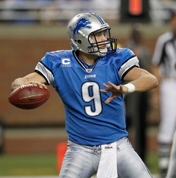 DETROIT - OCTOBER 31:  Matthew Stafford #9 of the Detroit Lions drops back to pass during the fourth quarter of the game against the Washington Redskins at Ford Field on October 31, 2010 in Detroit, Michigan. The Lions defeated the Redskins 37-25.  (Photo