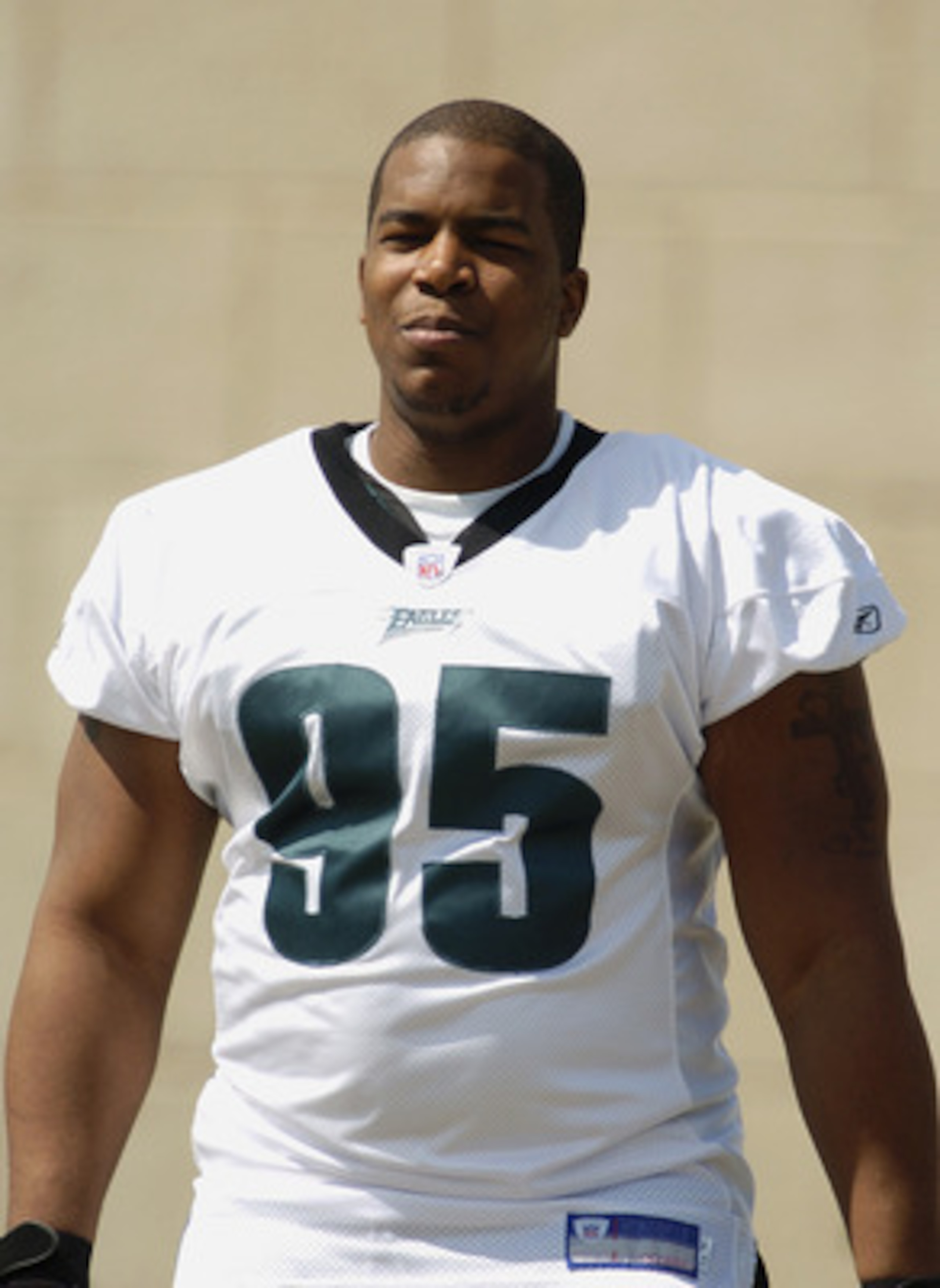 BETHLEHEM, PA - JULY 31:  Defensive end Jerome McDougle #95 of the Philadelphia Eagles attends training camp on July 30, 2004 at Lehigh University in Bethlehem, Pennsylvania. (Photo by Greg Fiume/Getty Images)