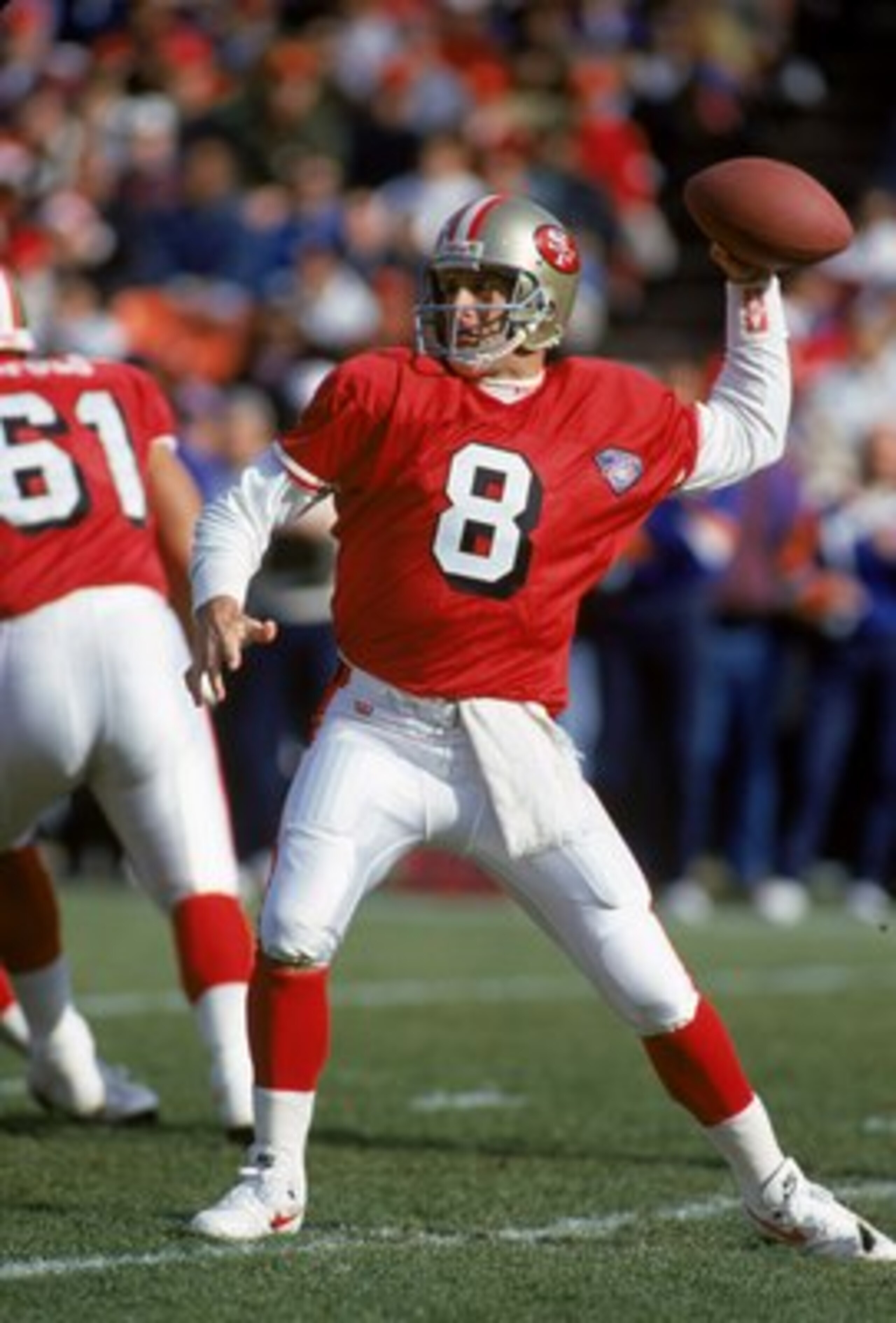 SAN FRANCISCO - DECEMBER 17:  Quarterback Steve Young #8 of the San Francisco 49ers sets to pass during a game against the Denver Broncos at Candlestick Park on December 17, 1994 in San Francisco, California.  The 49ers won 42-19.  (Photo by George Rose/G