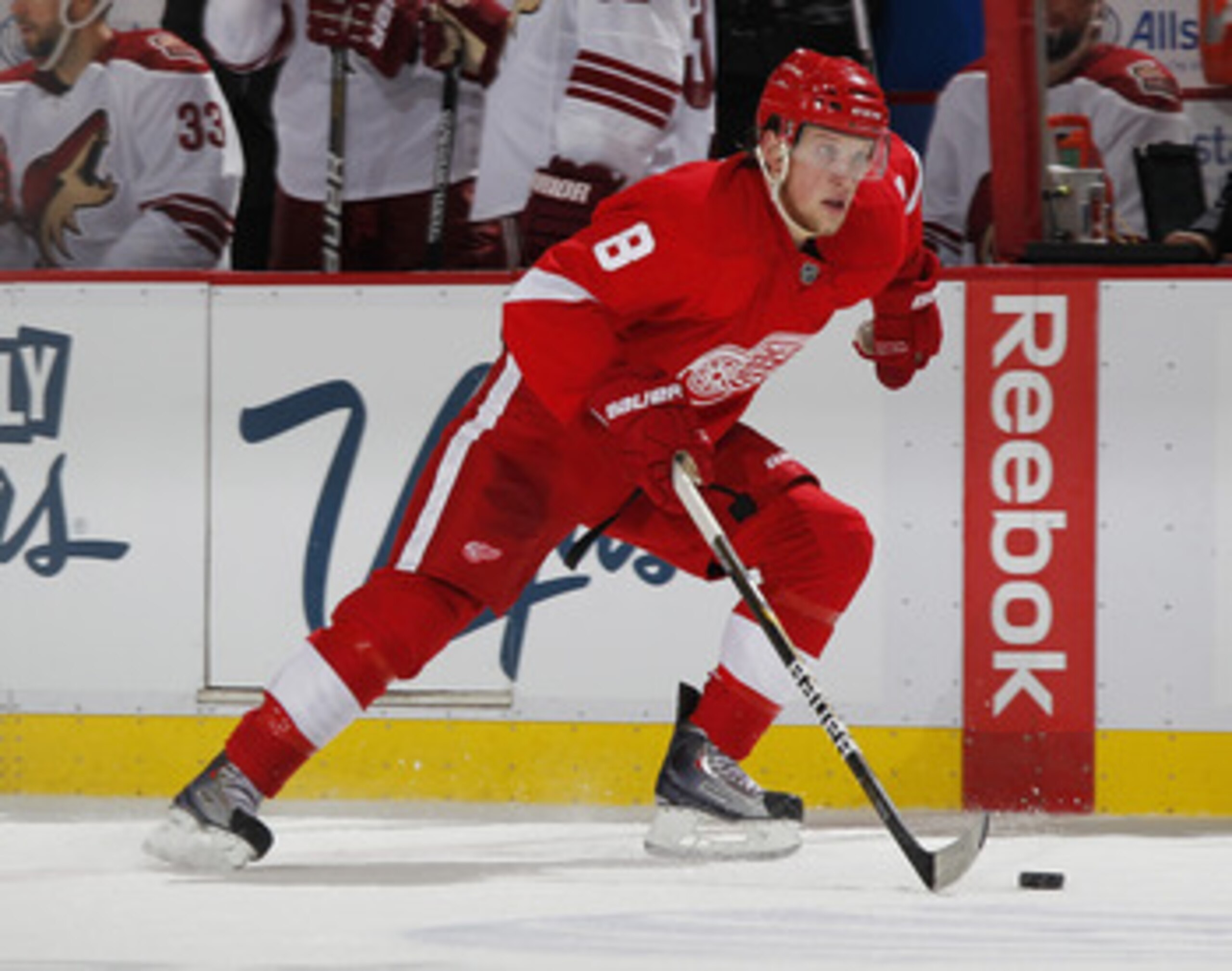 DETROIT, MI - APRIL 16: Justin Abdelkader #8 of the Detroit Red Wings skates with the puck while playing the Phoenix Coyotes in Game Two of the Western Conference Quarterfinals during the 2011 Stanley Cup Playoffs at Joe Louis Arena on April 16, 2011 in D