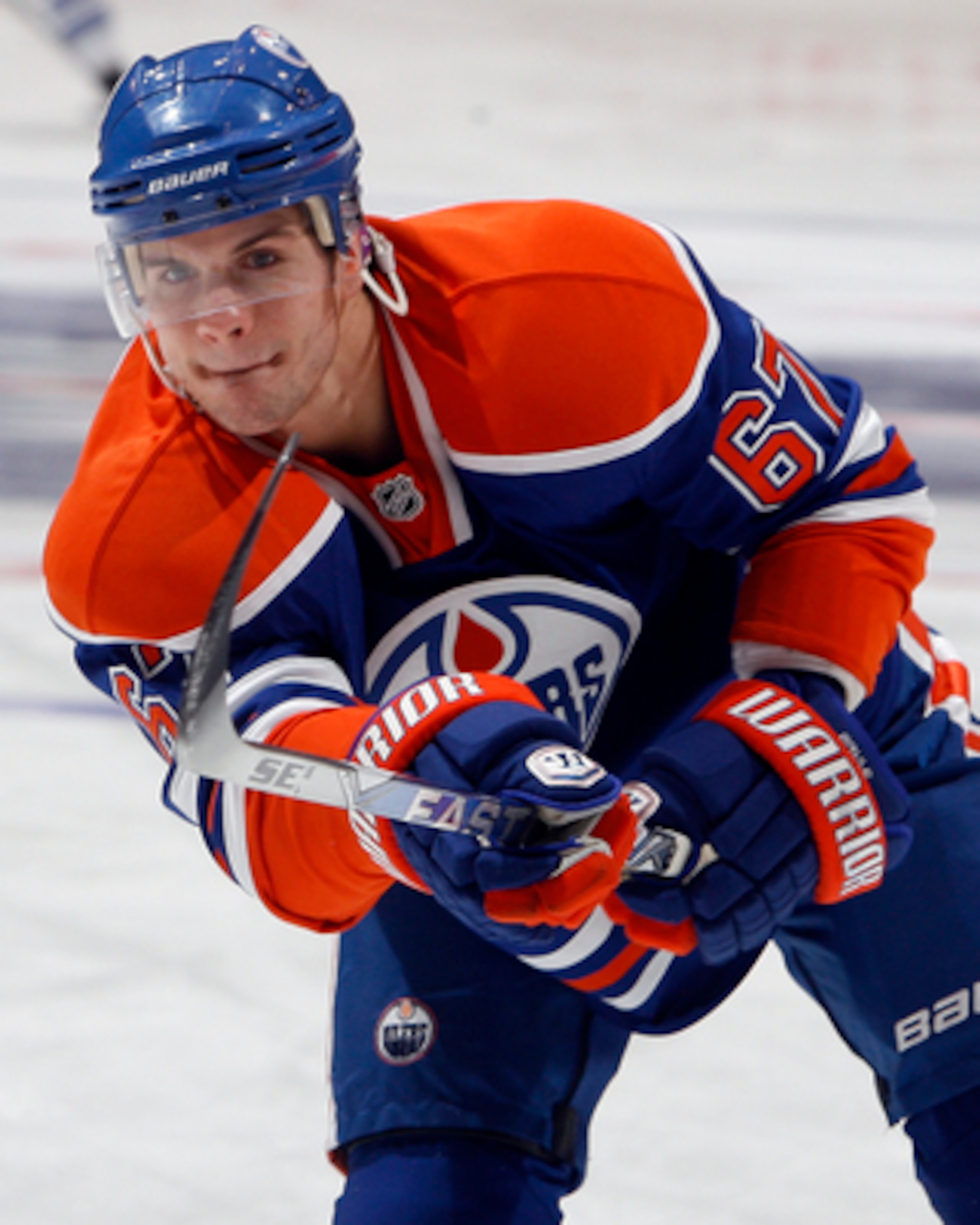 TORONTO, CANADA - DECEMBER 2: Gilbert Brule #67 of the Edmonton Oilers shoots during warmup before during game action against the Toronto Maple Leafs at the Air Canada Centre December 2, 2010 in Toronto, Ontario, Canada. (Photo by Abelimages/Getty Images)