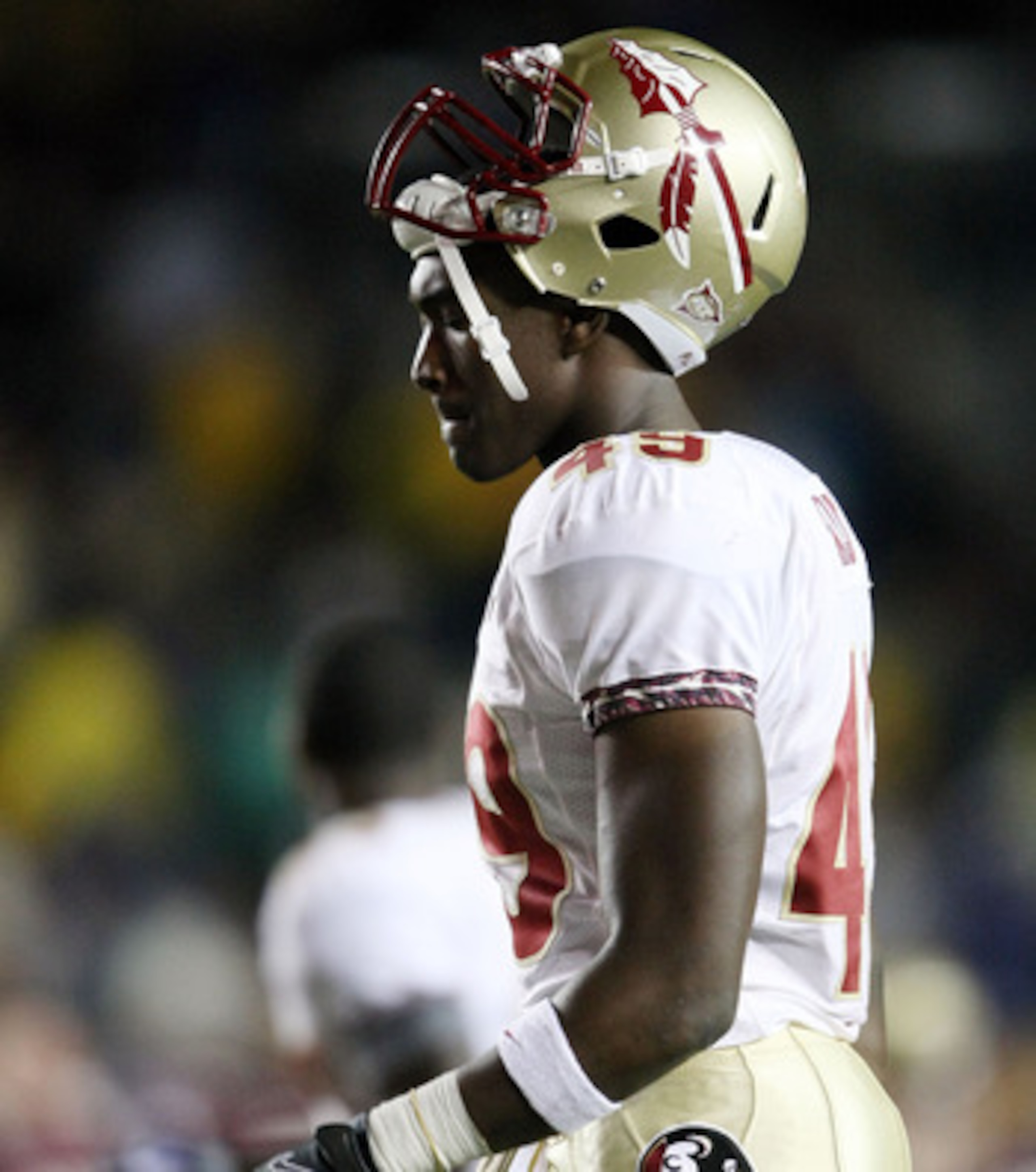 CHESTNUT HILL, MA - OCTOBER 03:  Brandon Jenkins #49 of the Florida State Seminoles walks off the field after the game against the Boston College Eagles on October 3, 2009 at Alumni Stadium in Chestnut Hill, Massachusetts. Boston College defeated Florida 