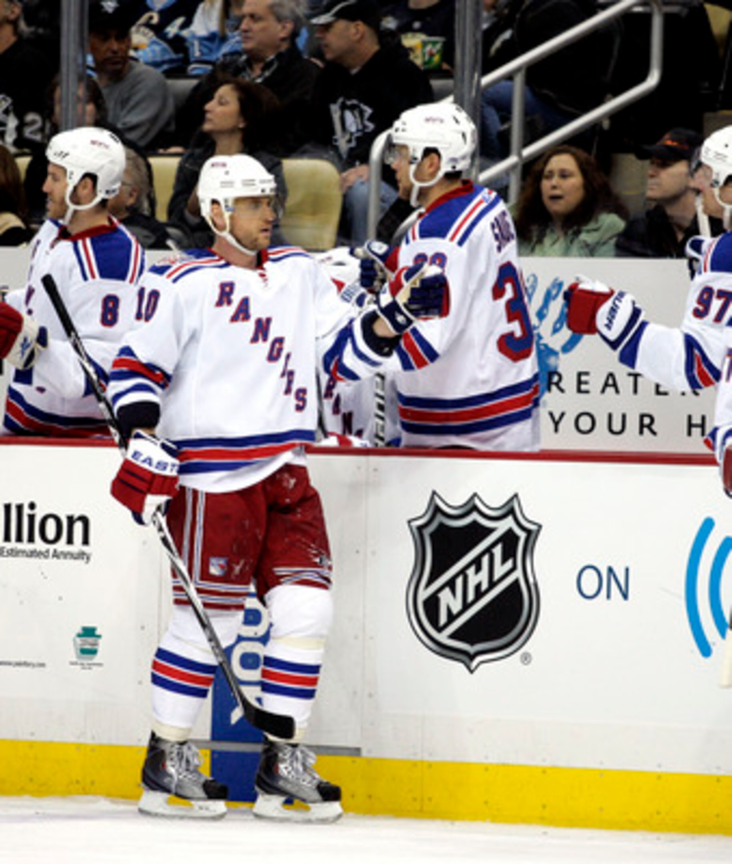 PITTSBURGH, PA - MARCH 20:  Marian Gaborik #10 of the New York Rangers celebrates his third period goal against the Pittsburgh Penguins at Consol Energy Center on March 20, 2011 in Pittsburgh, Pennsylvania.  The Rangers defeated the Penguins 5-2.  (Photo 