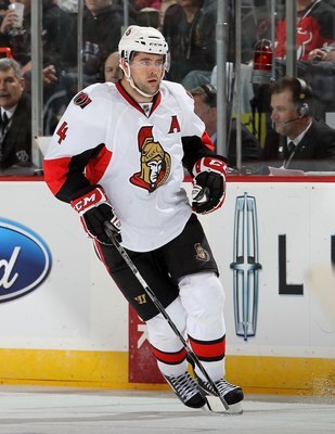 NEWARK, NJ - MARCH 08:  Chris Phillips #4 of the Ottawa Senators skates against the New Jersey Devils at the Prudential Center on March 8, 2011 in Newark, New Jersey.  (Photo by Jim McIsaac/Getty Images)