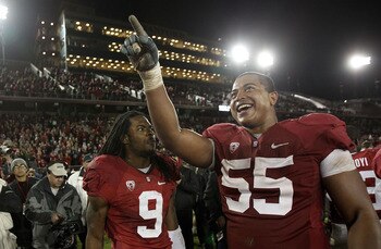 PALO ALTO, CA - NOVEMBER 27:  Jonathan Martin #55 and Richard Sherman #9 of the Stanford Cardinal celebrate after they beat the Oregon State Beavers at Stanford Stadium on November 27, 2010 in Palo Alto, California.  (Photo by Ezra Shaw/Getty Images)