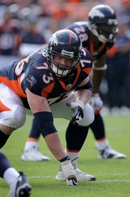 DENVER - SEPTEMBER 14:  Guard Chris Kuper #73 of the Denver Broncos lines up against the San Diego Chargers during NFL action at Invesco Field at Mile High on September 14, 2008 in Denver, Colorado. The Broncos defeated the Chargers 39-38.  (Photo by Doug