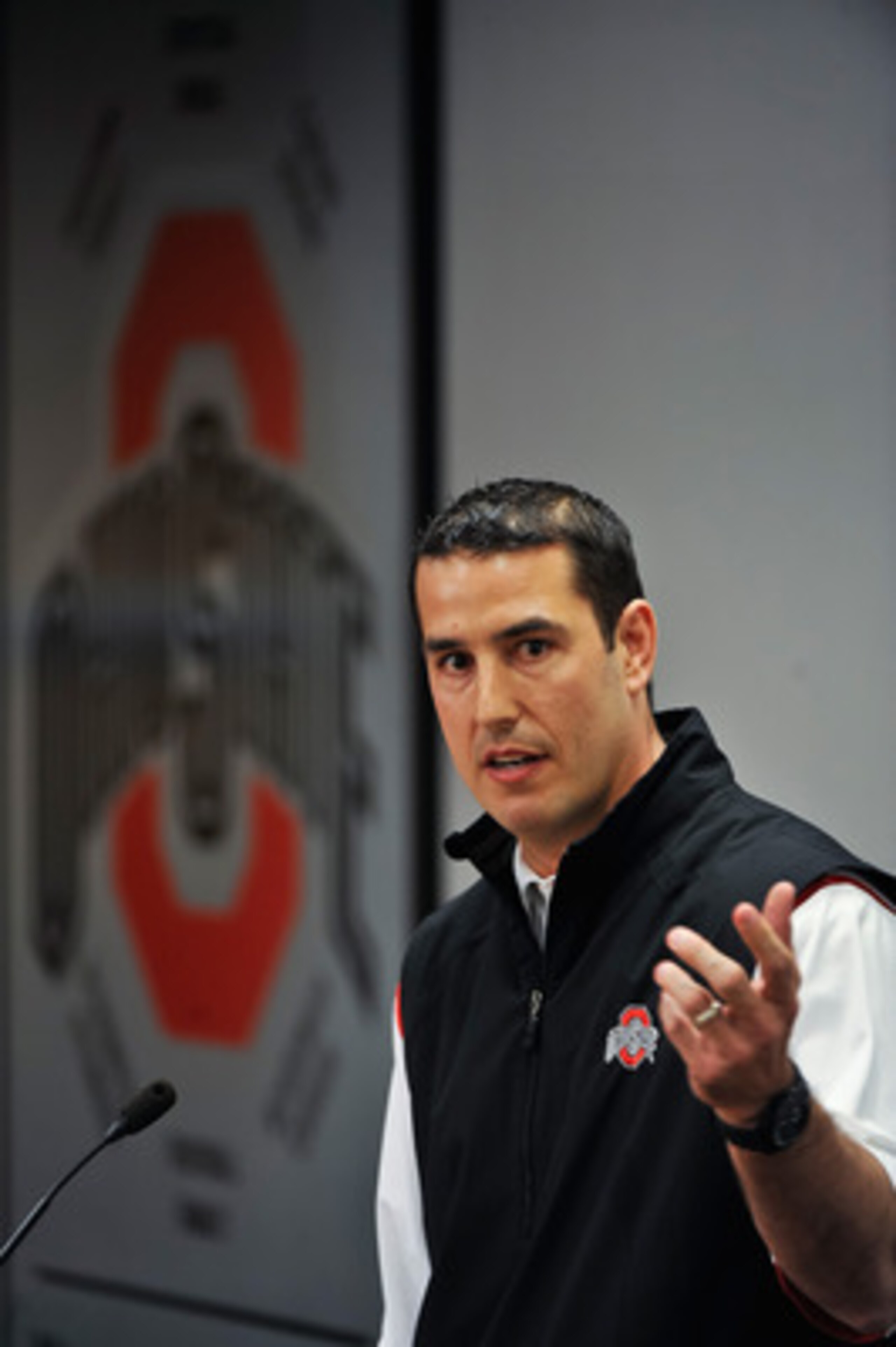 COLUMBUS, OH - MARCH 30:  Assistant Head Coach Luke Fickell speaks to the media during a press conference before the start of Spring practices at the Woody Hayes Athletic Center at The Ohio State University on March 30, 2011 in Columbus, Ohio. Fickell wil