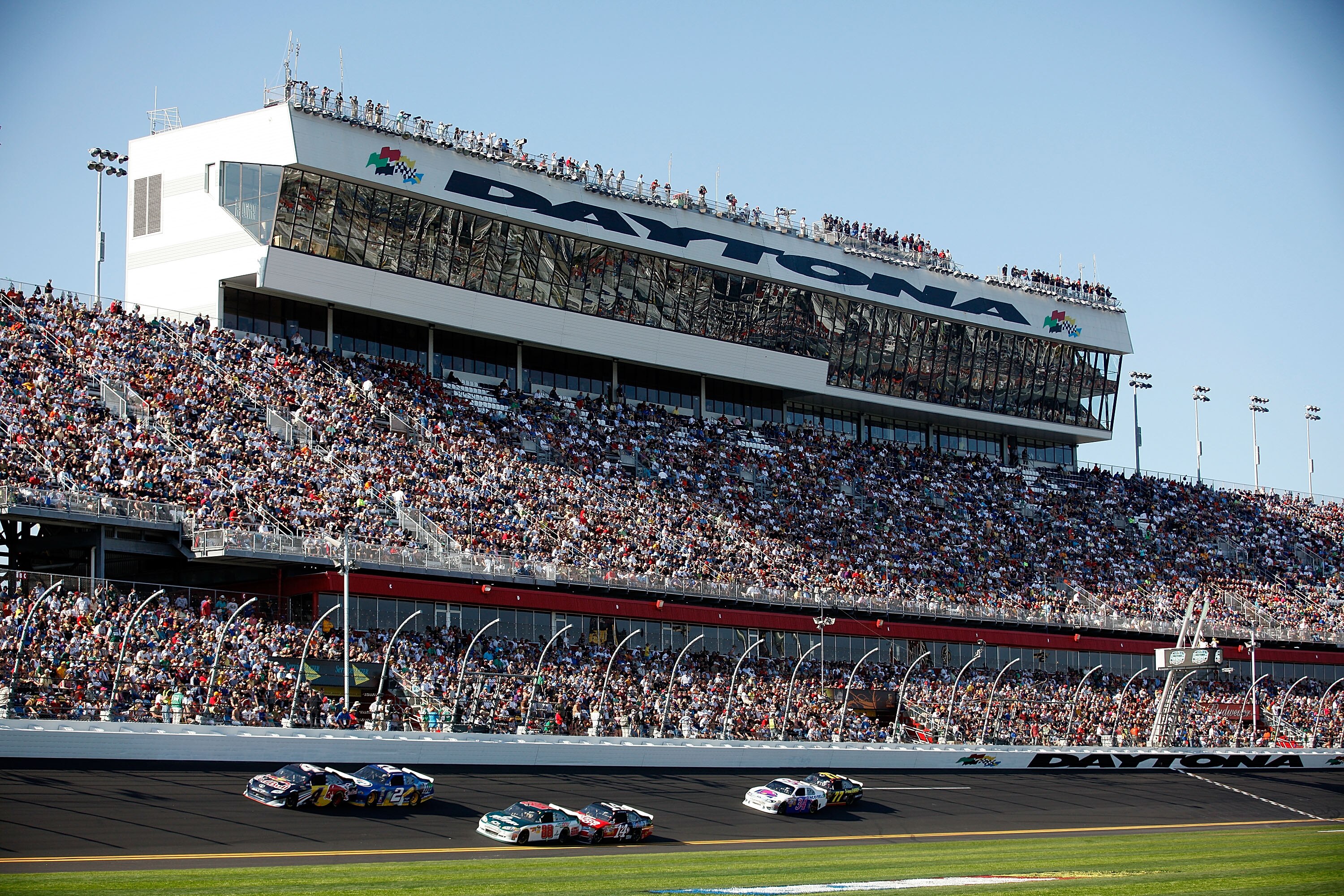 DAYTONA BEACH, FL - FEBRUARY 20:  Kasey Kahne, driver of the #4 Red Bull Toyota, Brad Keselowski, driver of the #2 Miller Lite Dodge, Dale Earnhardt Jr., driver of the #88 National Guard/AMP Energy Chevrolet, and Tony Stewart, driver of the #14 Mobil 1/Of