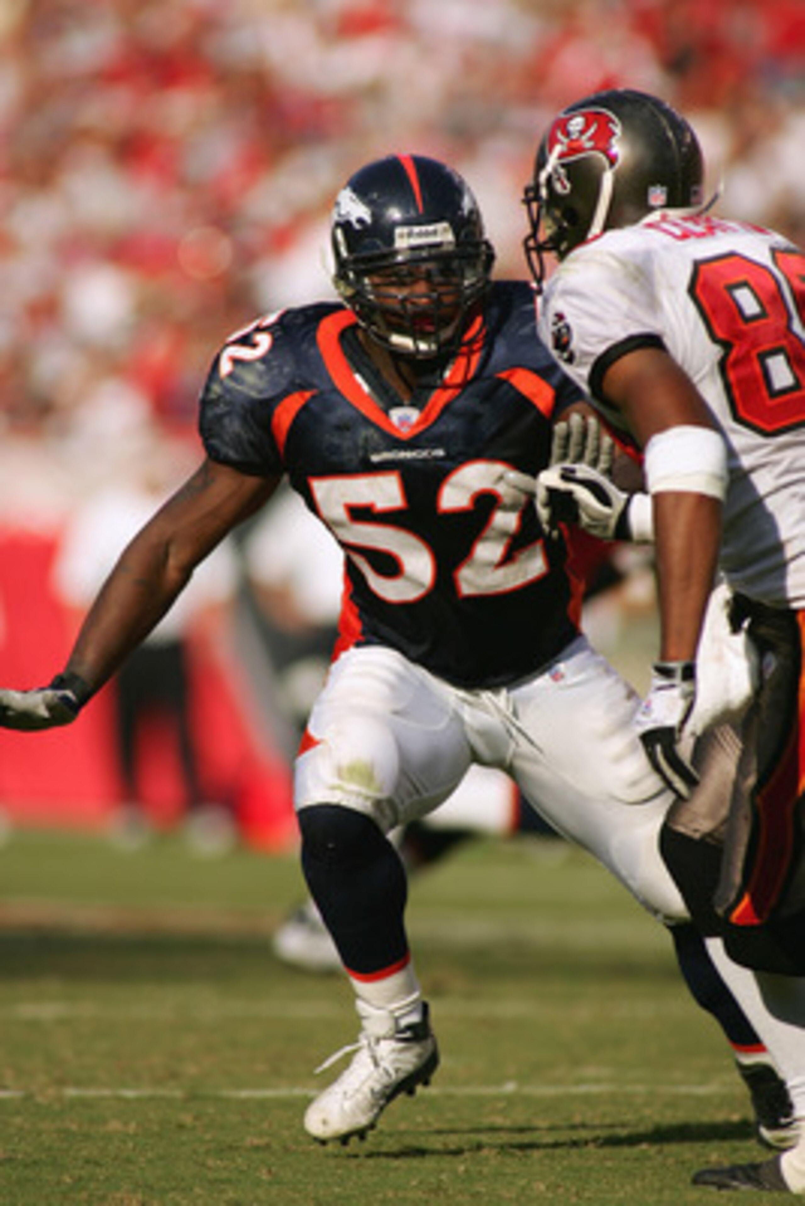 TAMPA, FL - OCTOBER 3: Linebacker D.J. Williams #52 of the Denver Broncos reacts during the play against the Tampa Bay Buccaneers at Raymond James Stadium on October 3, 2004 in Tampa, Florida. Tampa Bay won 16-13. (Photo by Scott Halleran/Getty Images) TAMPA, FL - OCTOBER 3: Linebacker D.J. Williams #52 of the Denver Broncos reacts during the play against the Tampa Bay Buccaneers at Raymond James Stadium on October 3, 2004 in Tampa, Florida. Tampa Bay won 16-13. (Photo by Scott Halleran/Getty Images)