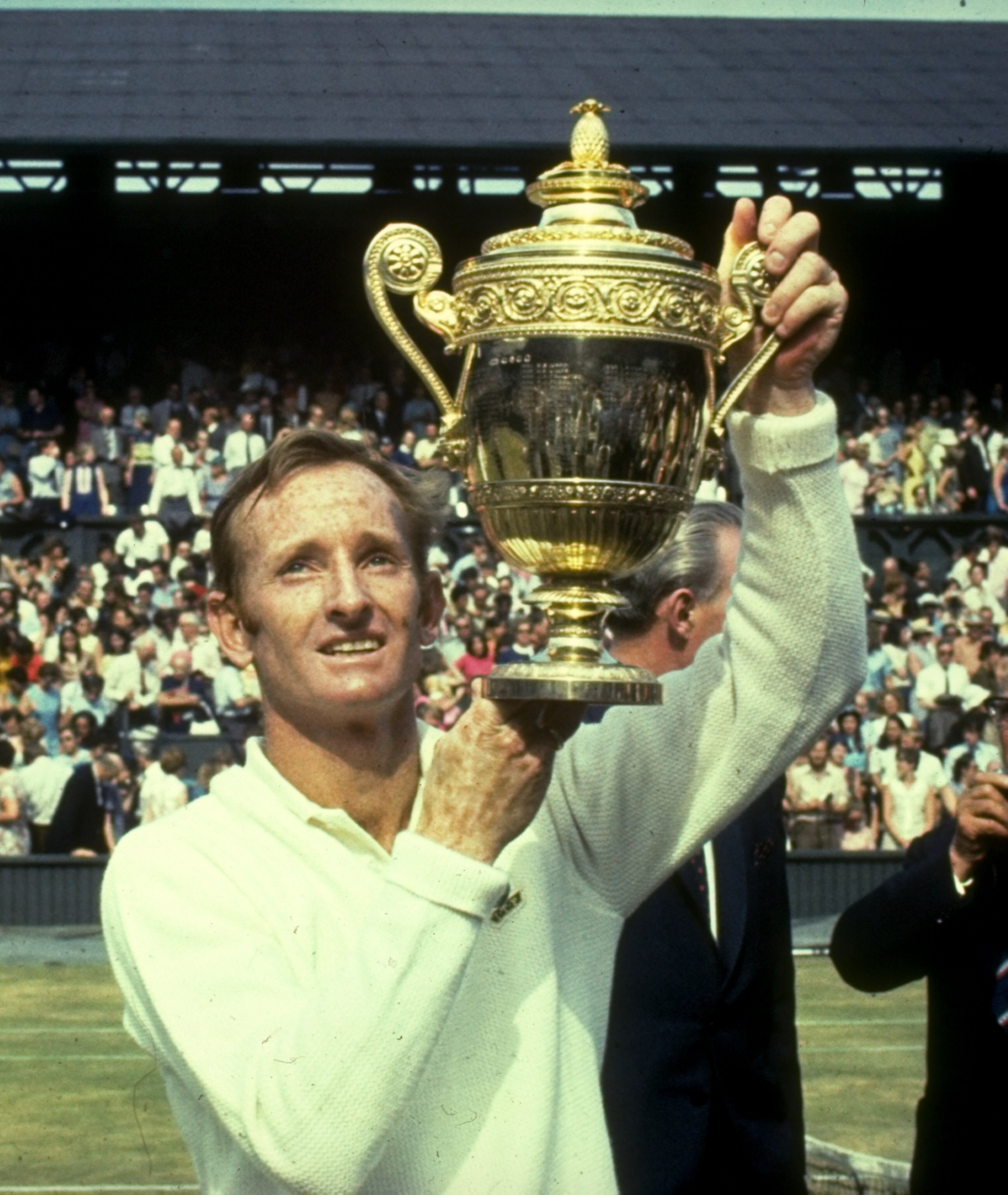 Undated:  Rod Laver of Australia holds the trophy aloft after his victory in the Men's Singles event at the Lawn Tennis Championships at Wimbledon in London. \ Mandatory Credit: Allsport UK /Allsport