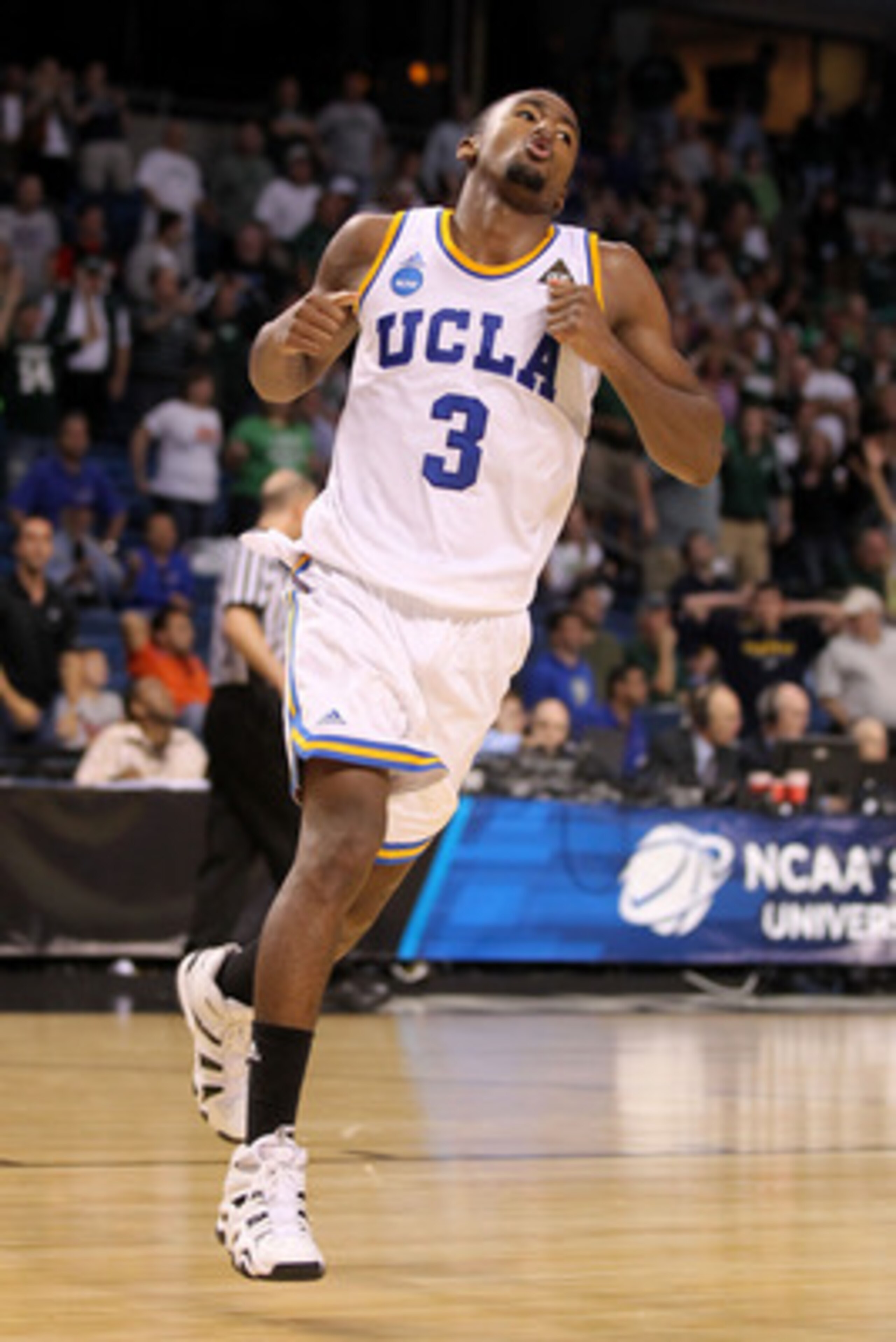 TAMPA, FL - MARCH 17:  Malcolm Lee #3 of the UCLA Bruins reacts after UCLA held on to win 78-76 against Michigan State Spartans during the second round of the 2011 NCAA men's basketball tournament at St. Pete Times Forum on March 17, 2011 in Tampa, Florid