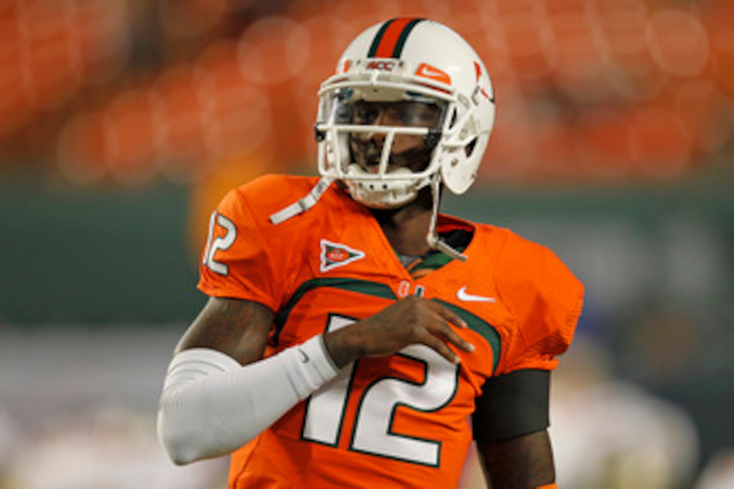 MIAMI, FL - OCTOBER 9: Jacory Harris #12 of the Miami Hurricanes warms up prior to the game against the Florida State Seminoles on October 9, 2010 at Sun Life Stadium in Miami, Florida. (Photo by Joel Auerbach/Getty Images) MIAMI, FL - OCTOBER 9: Jacory Harris #12 of the Miami Hurricanes warms up prior to the game against the Florida State Seminoles on October 9, 2010 at Sun Life Stadium in Miami, Florida. (Photo by Joel Auerbach/Getty Images)
