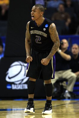 CHARLOTTE, NC - MARCH 20:  Isaiah Thomas #2 of the Washington Huskies reacts in the second half while taking on the North Carolina Tar Heels during the third round of the 2011 NCAA men's basketball tournament at Time Warner Cable Arena on March 20, 2011 i