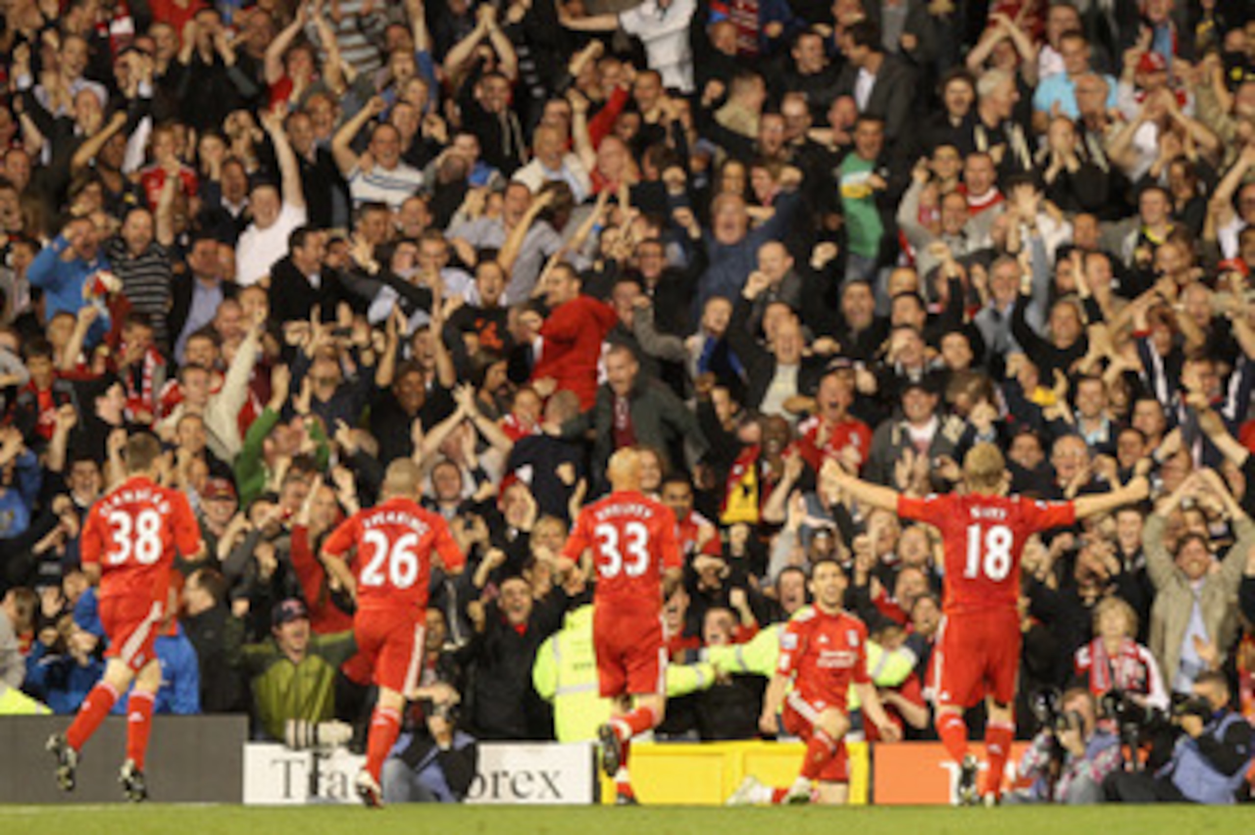 LONDON, ENGLAND - MAY 09: Maxi Rodriguez of Liverpool celebrates scoring in front of the Liverpool fans during the Barclays Premier League match between Fulham and Liverpool at Craven Cottage on May 9, 2011 in London, England. (Photo by Scott Heavey/Get LONDON, ENGLAND - MAY 09: Maxi Rodriguez of Liverpool celebrates scoring in front of the Liverpool fans during the Barclays Premier League match between Fulham and Liverpool at Craven Cottage on May 9, 2011 in London, England. (Photo by Scott Heavey/Get