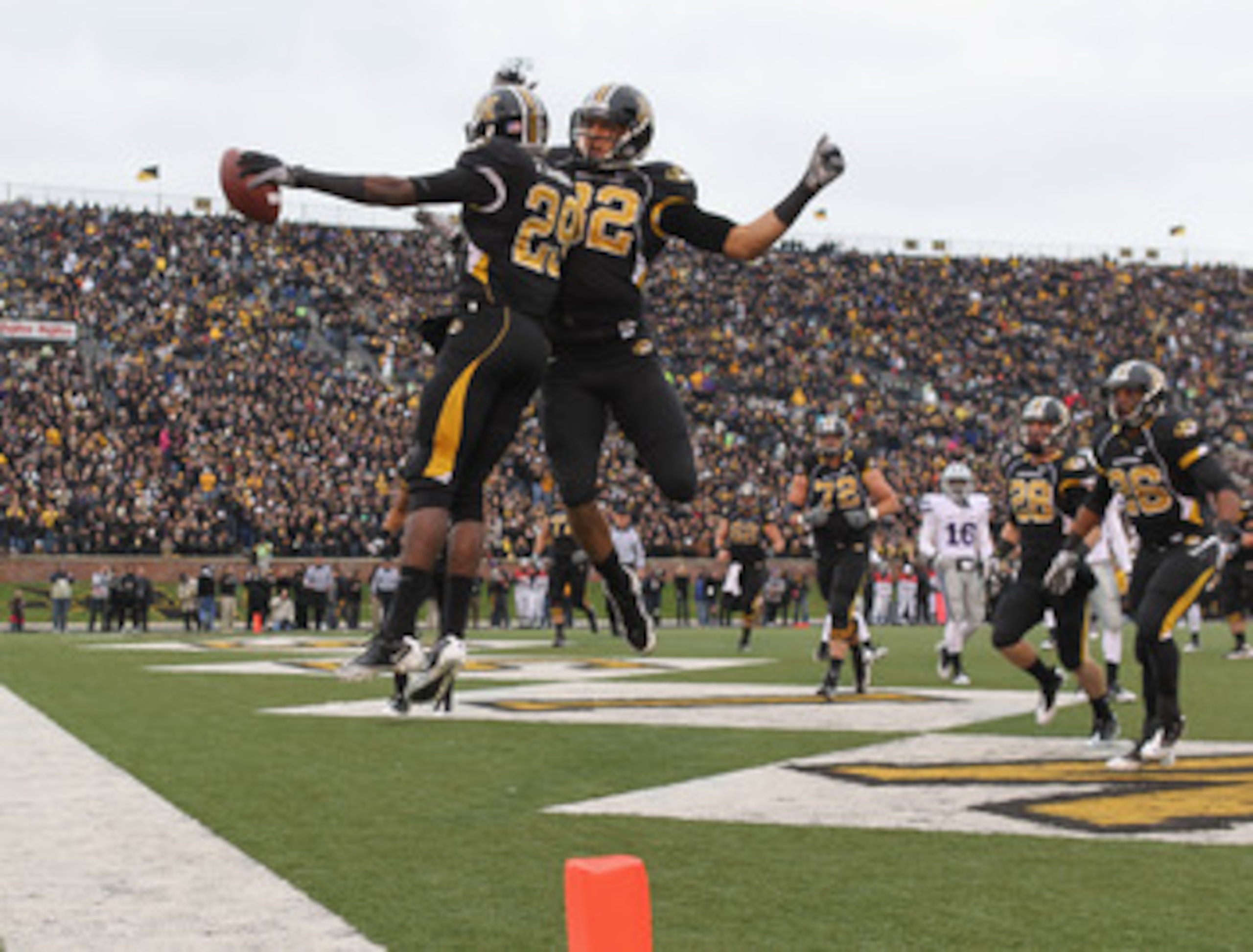 COLUMBIA, MO - NOVEMBER 13: Michael Egnew #82 of the Missouri Tigers congratulates Jerrell Jackson #29 with a chest bump after Jackson carried for a touchdown during the game against the Kansas State Wildcats on November 13, 2010 at Faurot Field/Memoria COLUMBIA, MO - NOVEMBER 13: Michael Egnew #82 of the Missouri Tigers congratulates Jerrell Jackson #29 with a chest bump after Jackson carried for a touchdown during the game against the Kansas State Wildcats on November 13, 2010 at Faurot Field/Memoria