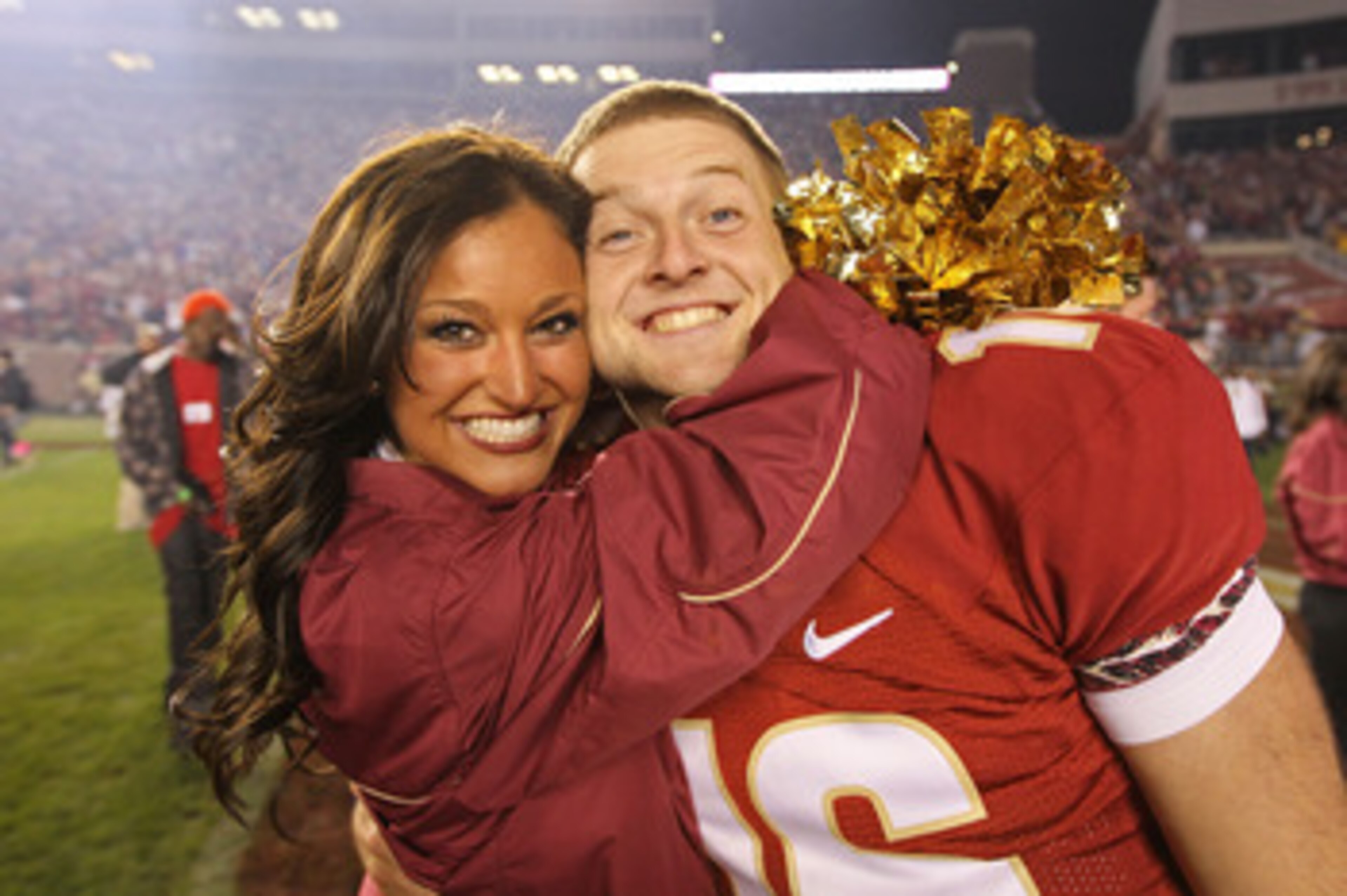 TALLAHASSEE, FL - NOVEMBER 27:  Dustin Hopkins #16 of the Florida State Seminoles celebrates a win against the Florida Gators at Doak Campbell Stadium on November 27, 2010 in Tallahassee, Florida.  (Photo by Mike Ehrmann/Getty Images)
