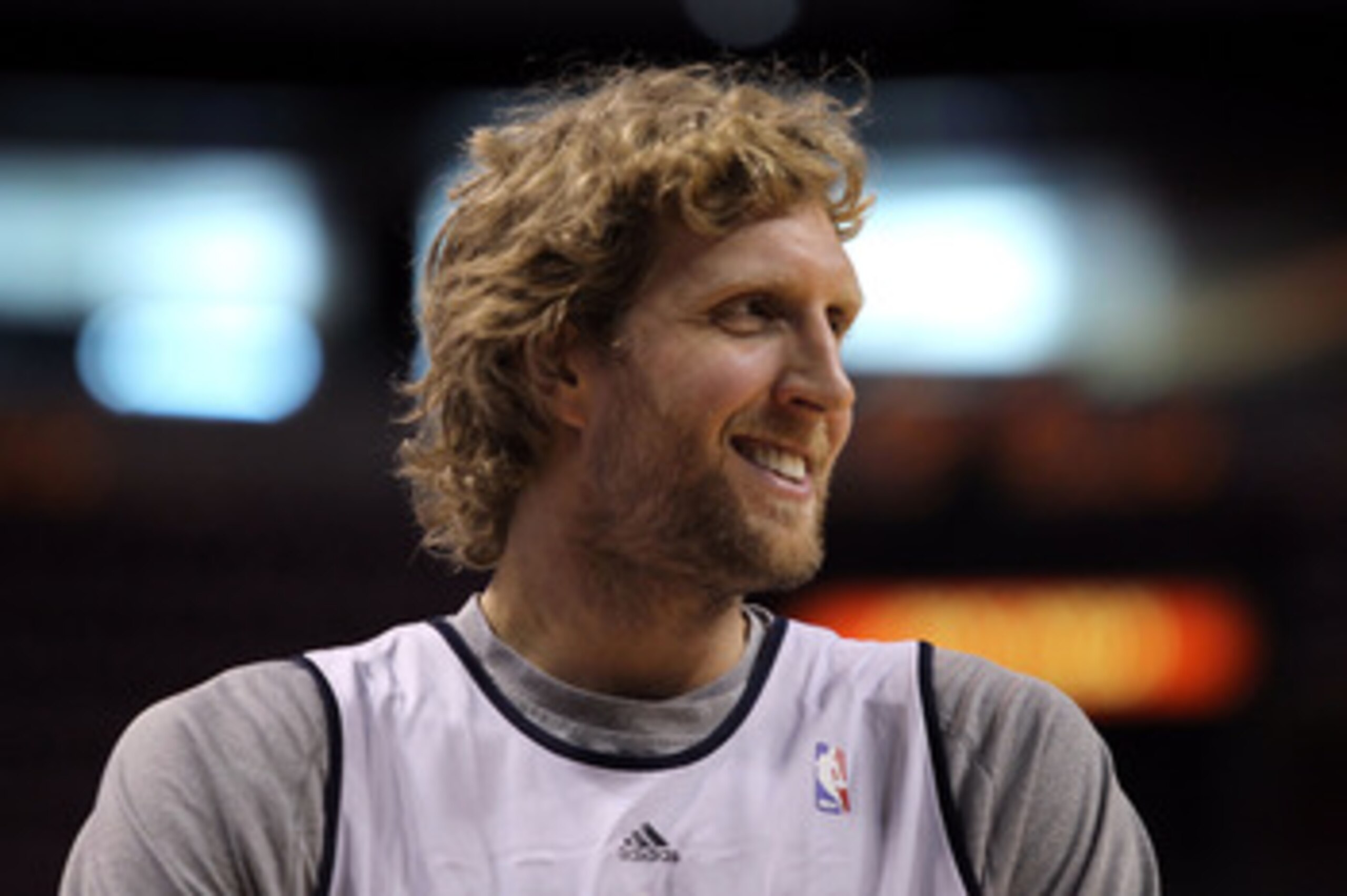 MIAMI, FL - JUNE 11:  Dirk Nowitzki #41 of the Dallas Mavericks smiles during practice prior to Game 6 of the 2011 NBA Finals against the Miami Heat at the American Airlines Arena on June 11, 2011 in miami, Florida. Game 6 will be played on June 12. NOTE