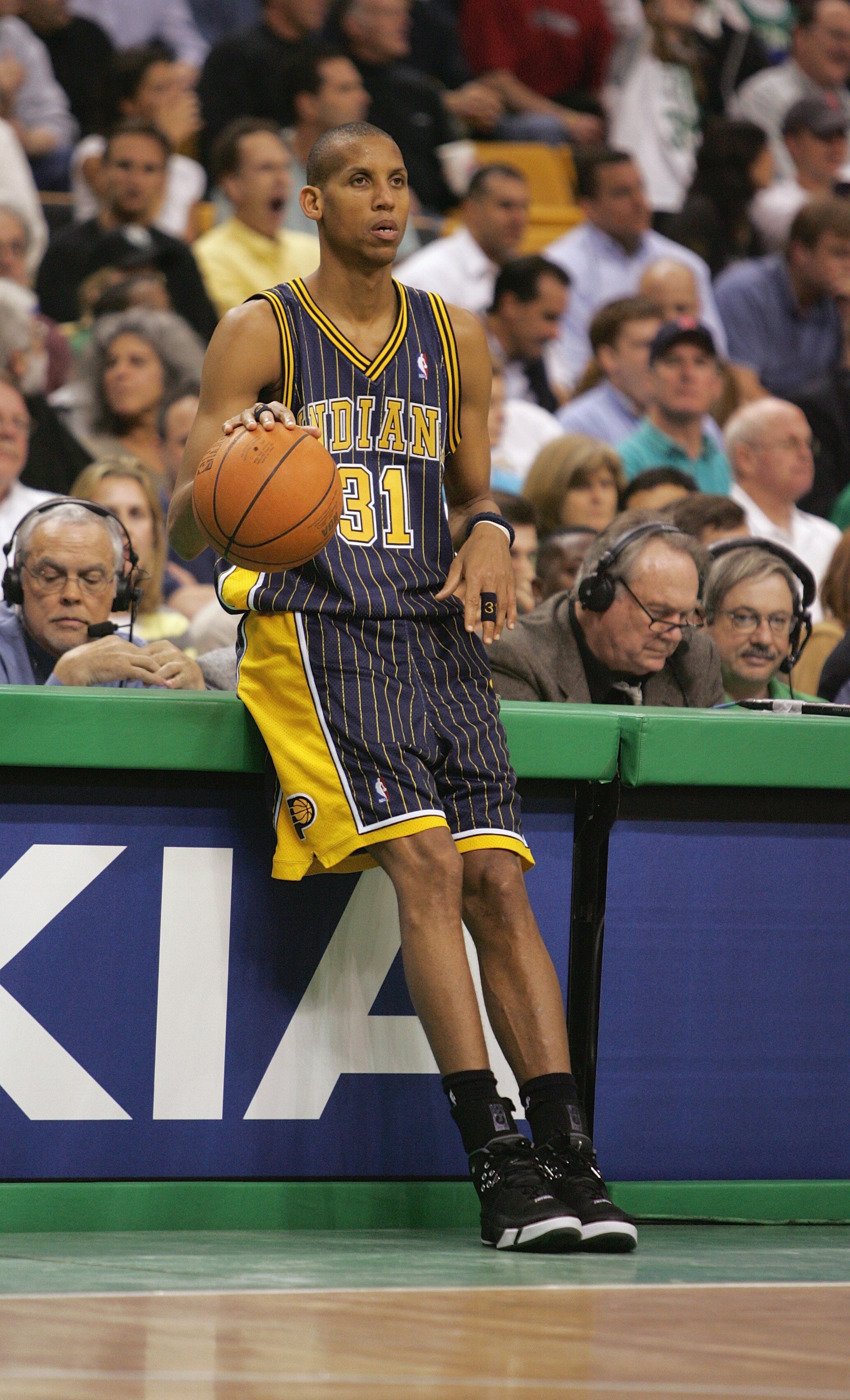 BOSTON - APRIL 25:  Reggie Miller #31 of the Indiana Pacers rests against the Boston Celtics in Game two of the Eastern Conference Quarterfinals during the 2005 NBA Playoffs at the the FleetCenter on April 25, 2005 in Boston, Massachusetts. The Pacers def