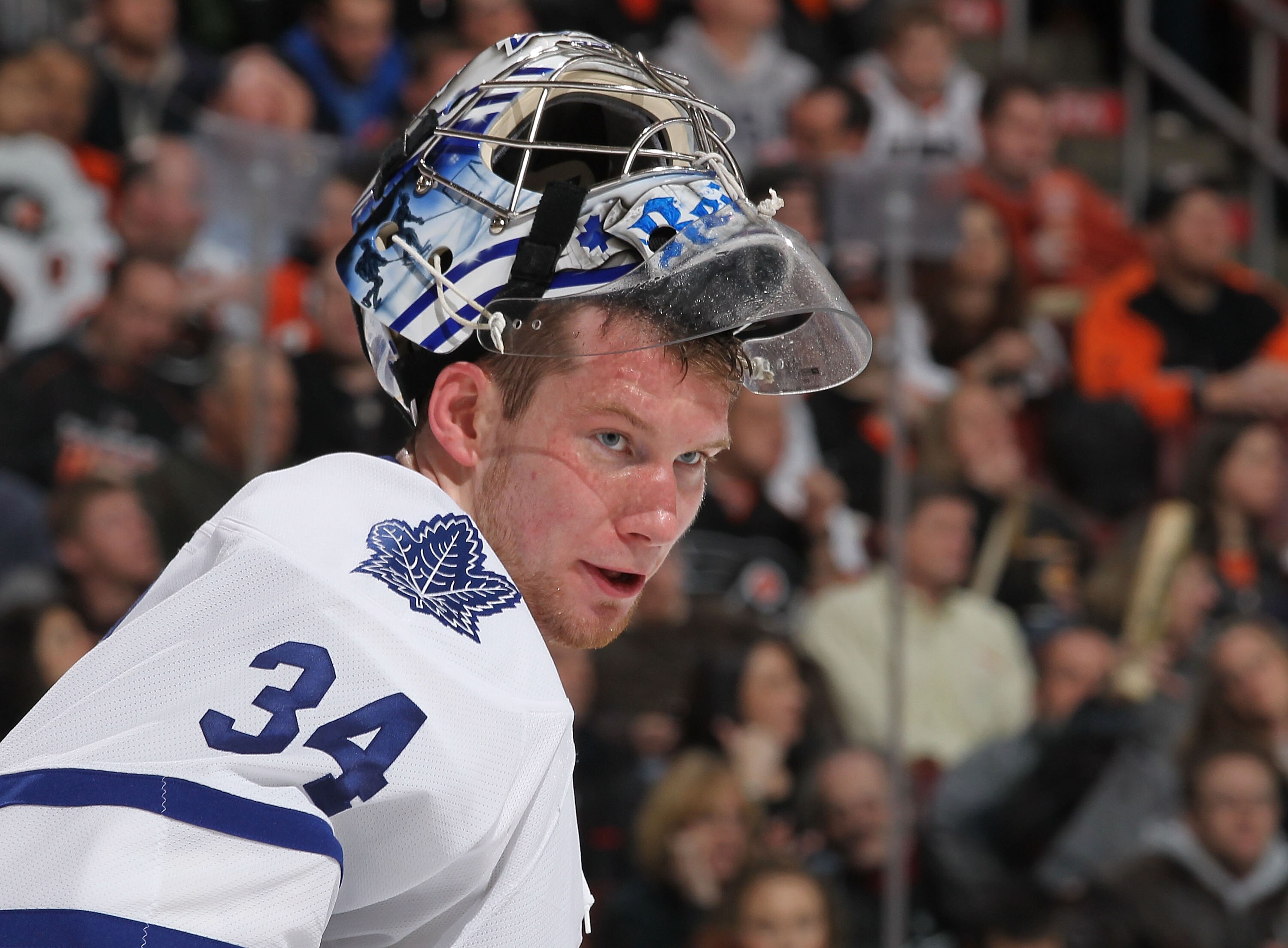PHILADELPHIA - MARCH 03:  James Reimer #34 of the Toronto Maple Leafs looks on against the Philadelphia Flyers during their game on March 3, 2011 at The Wells Fargo Center in Philadelphia, Pennsylvania.  (Photo by Al Bello/Getty Images)