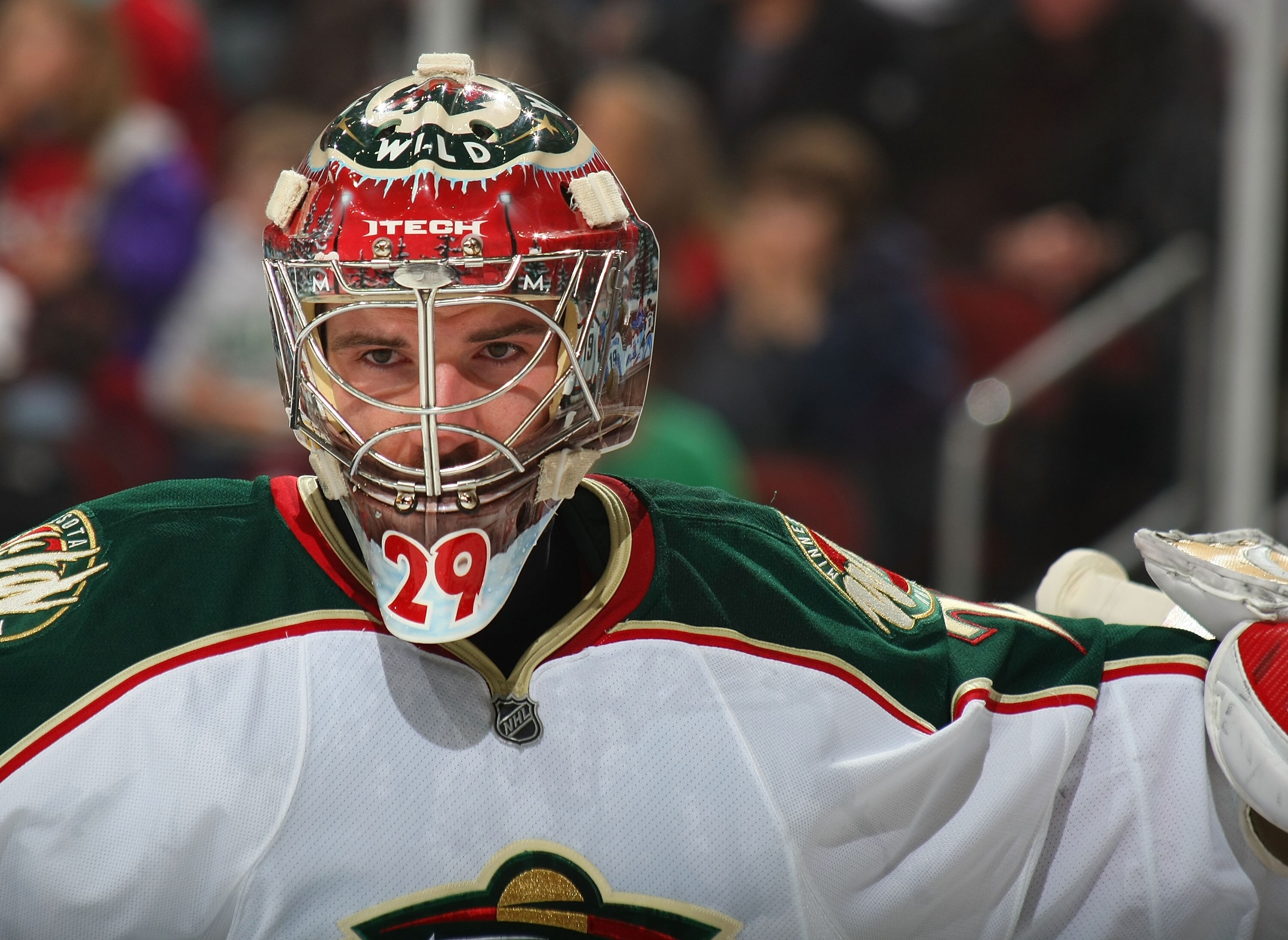 NEWARK, NJ - MARCH 20: Josh Harding #29 of the Minnesota Wild takes a break in the action in his game against the New Jersey Devils on March 20, 2009 at the Prudential Center in Newark, New Jersey. The Devils defeated the Wild 4-0. (Photo by Bruce Bennett