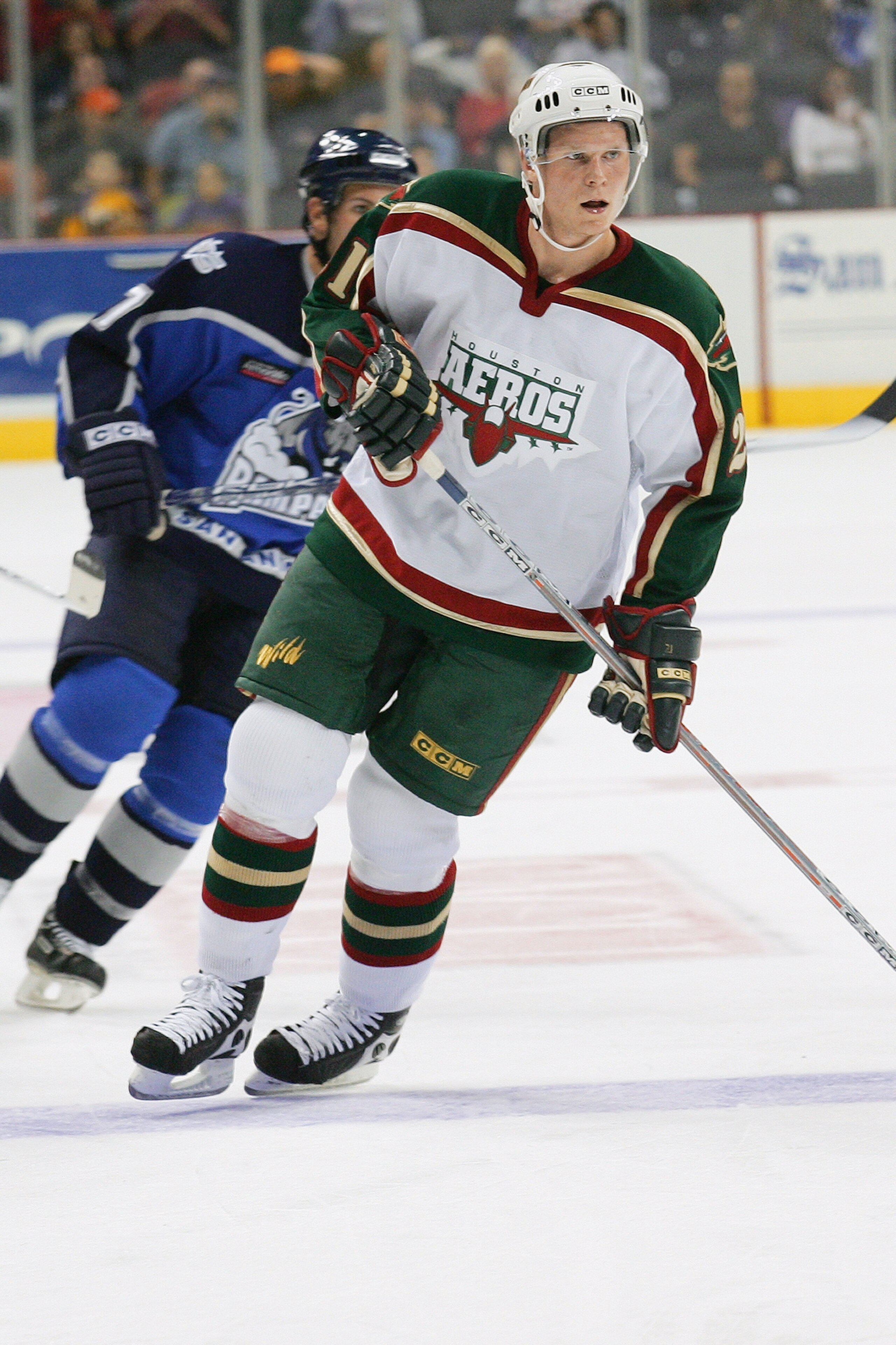 SAN ANTONIO - OCTOBER 15:  Mikko Koivu # 21 of the Houston Aeros skates back to the play during an AHL game against the San Antonio Rampage at the SBC Center, San Antonio, Texas. The Rampage won 2-1. (Photo by Darren Abate/Getty Images)