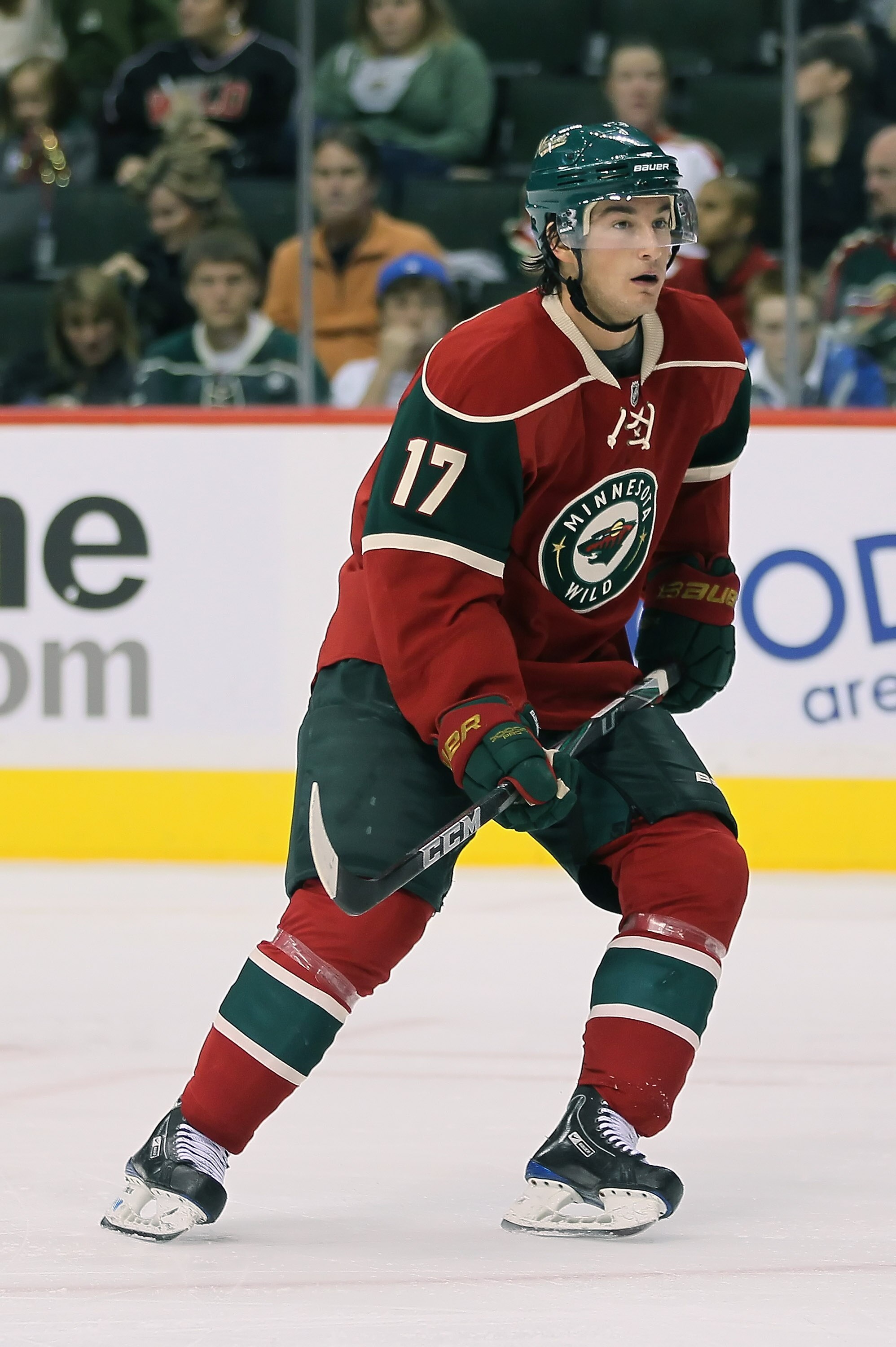 ST PAUL, MN - SEPTEMBER 25:  Casey Wellman #17 of the Minnesota Wild skates against the Philadelphia Flyers at Xcel Energy Center on September 25, 2010 in St Paul, Minnesota.  (Photo by Jeff Gross/Getty Images)