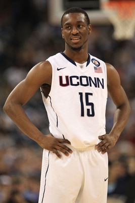 HOUSTON, TX - APRIL 04:  Kemba Walker #15 of the Connecticut Huskies looks on against the Butler Bulldogs during the National Championship Game of the 2011 NCAA Division I Men's Basketball Tournament at Reliant Stadium on April 4, 2011 in Houston, Texas.