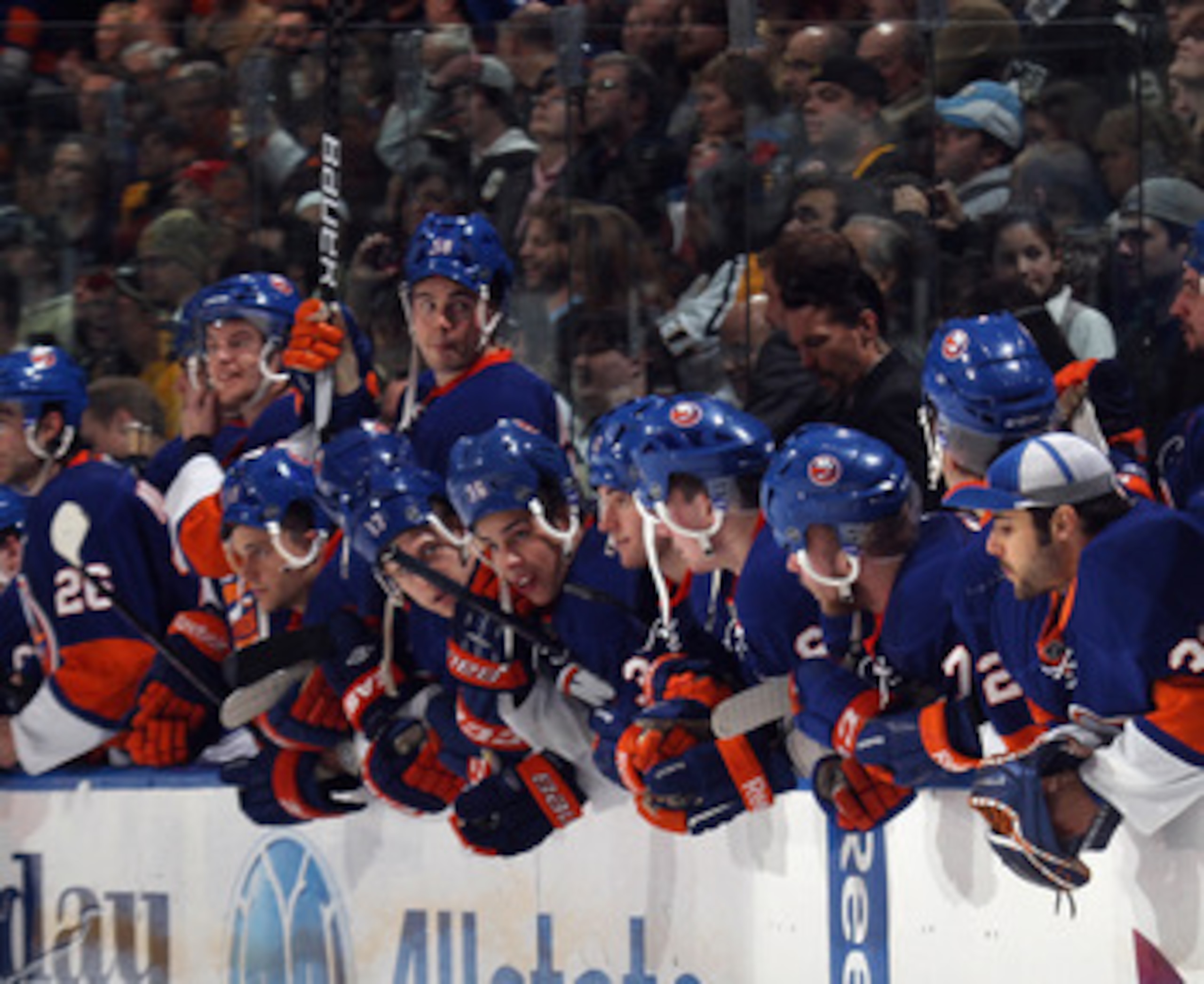 UNIONDALE, NY - APRIL 08: The New York Islanders watch the shoot out against the Pittsburgh Penguins with their helmets on backwards for good luck at the Nassau Coliseum on April 8, 2011 in Uniondale, New York. (Photo by Bruce Bennett/Getty Images) UNIONDALE, NY - APRIL 08: The New York Islanders watch the shoot out against the Pittsburgh Penguins with their helmets on backwards for good luck at the Nassau Coliseum on April 8, 2011 in Uniondale, New York. (Photo by Bruce Bennett/Getty Images)
