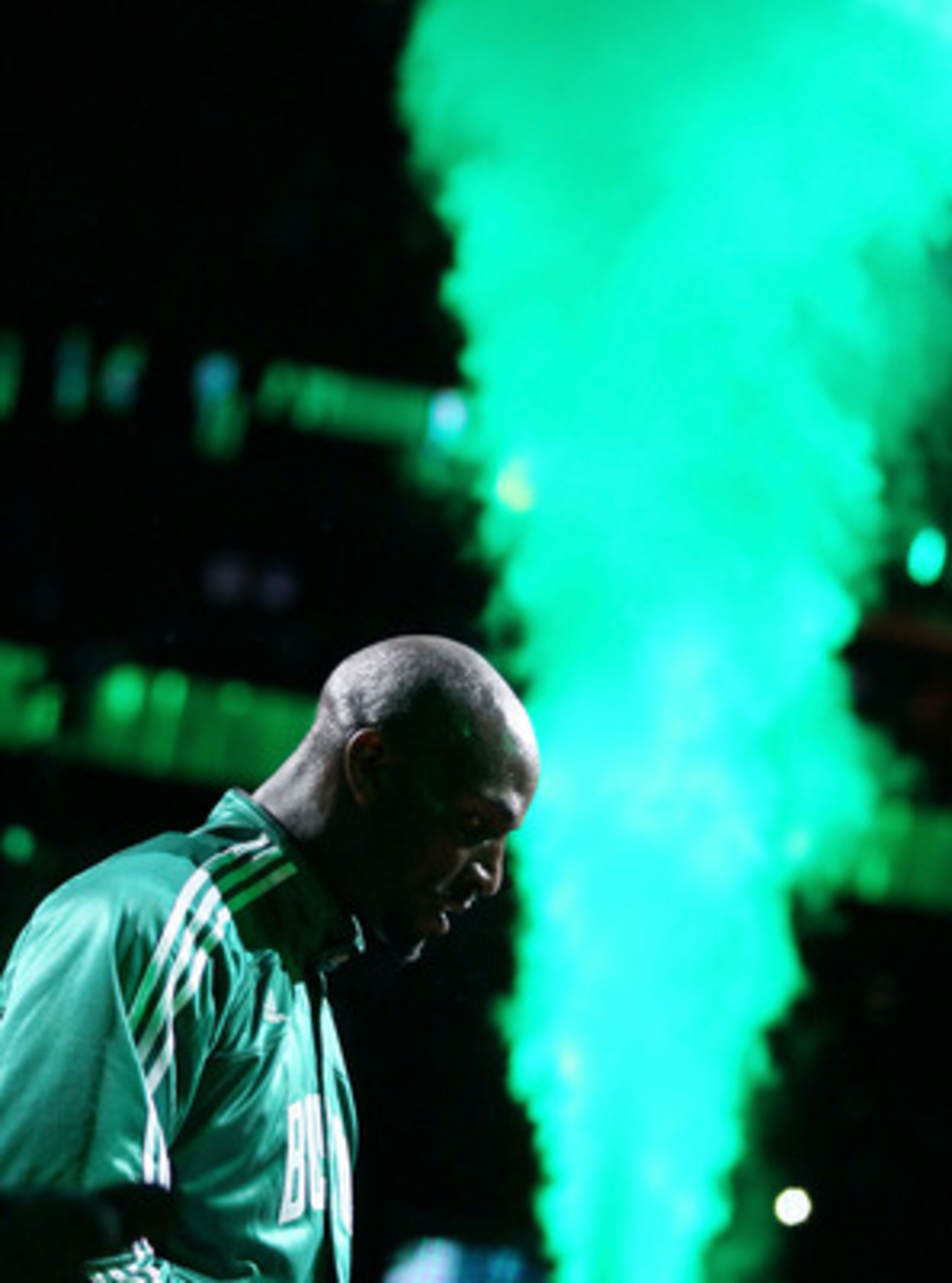 BOSTON, MA - MAY 07: Kevin Garnett #5 of the Boston Celtics heads out during player introductions in Game Three of the Eastern Conference Semifinals in the 2011 NBA Playoffs on May 7, 2011 at the TD Garden in Boston, Massachusetts.  NOTE TO USER: User exp